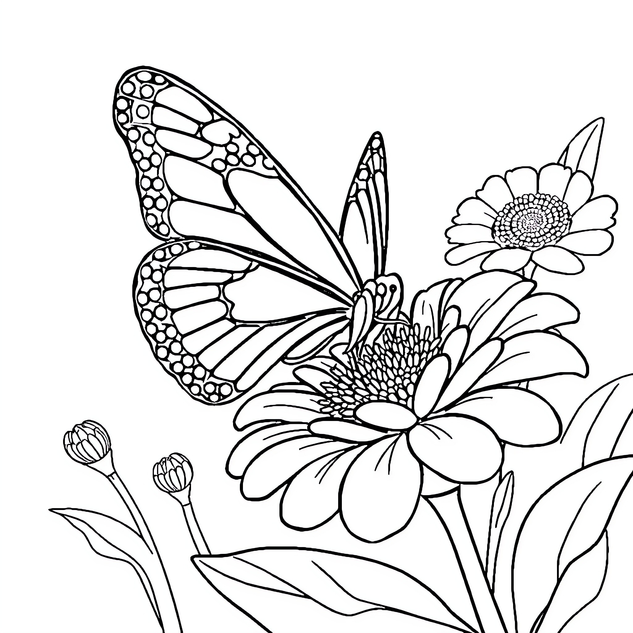Butterfly resting on vibrant flowers Coloring Page (free black-and-white line drawing printable PDF for all, from beginners to advanced learners, including children, teens, adults, and seniors)