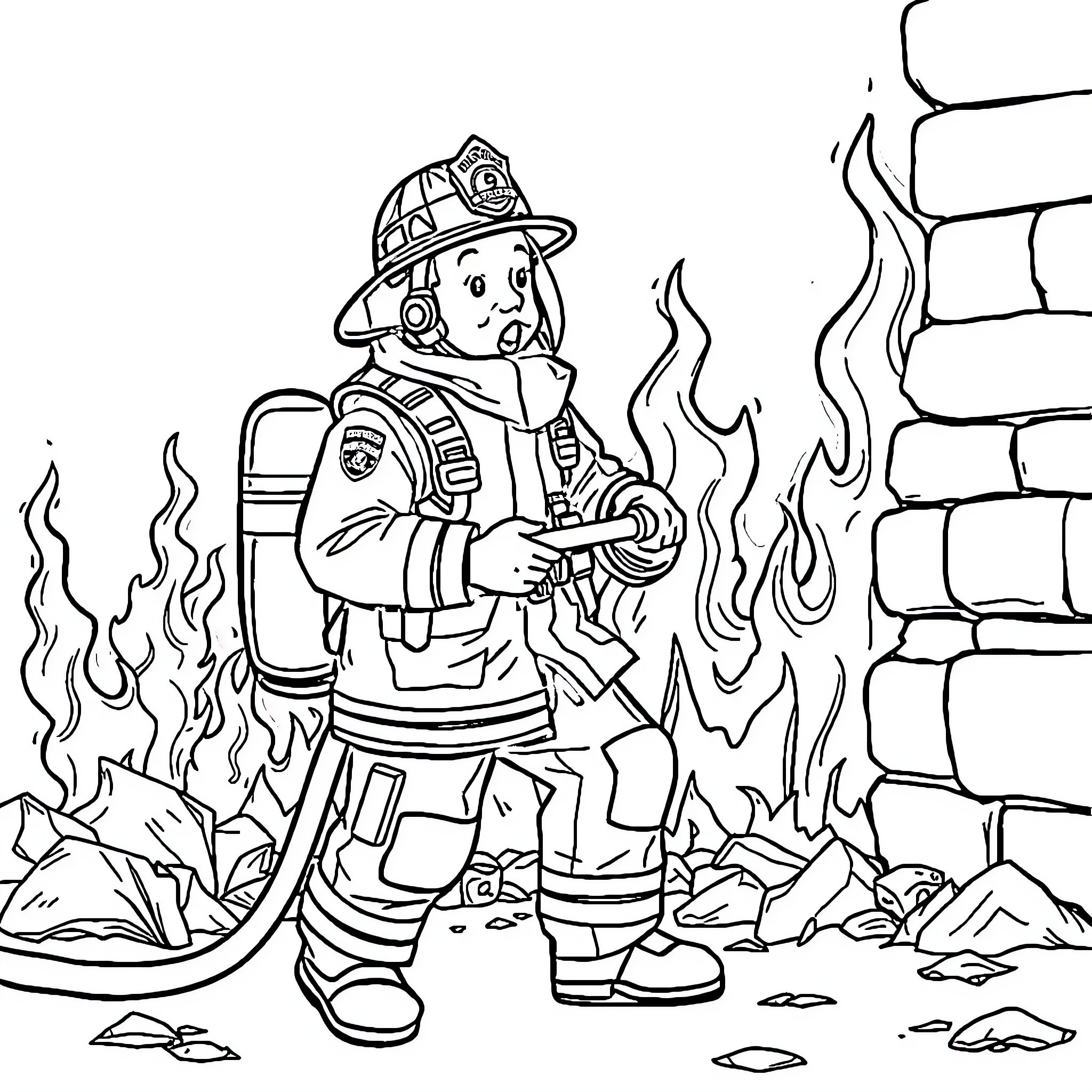Firefighter battling flames at a burning building Coloring Page (free black-and-white line drawing printable PDF for all, from beginners to advanced learners, including children, teens, adults, and seniors)