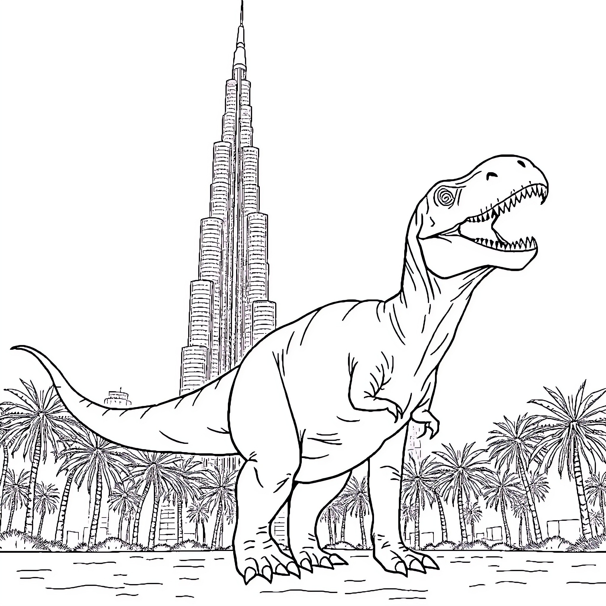 T-Rex roaming amidst skyscrapers and palm trees Coloring Page (free black-and-white line drawing printable PDF for all, from beginners to advanced learners, including children, teens, adults, and seniors)