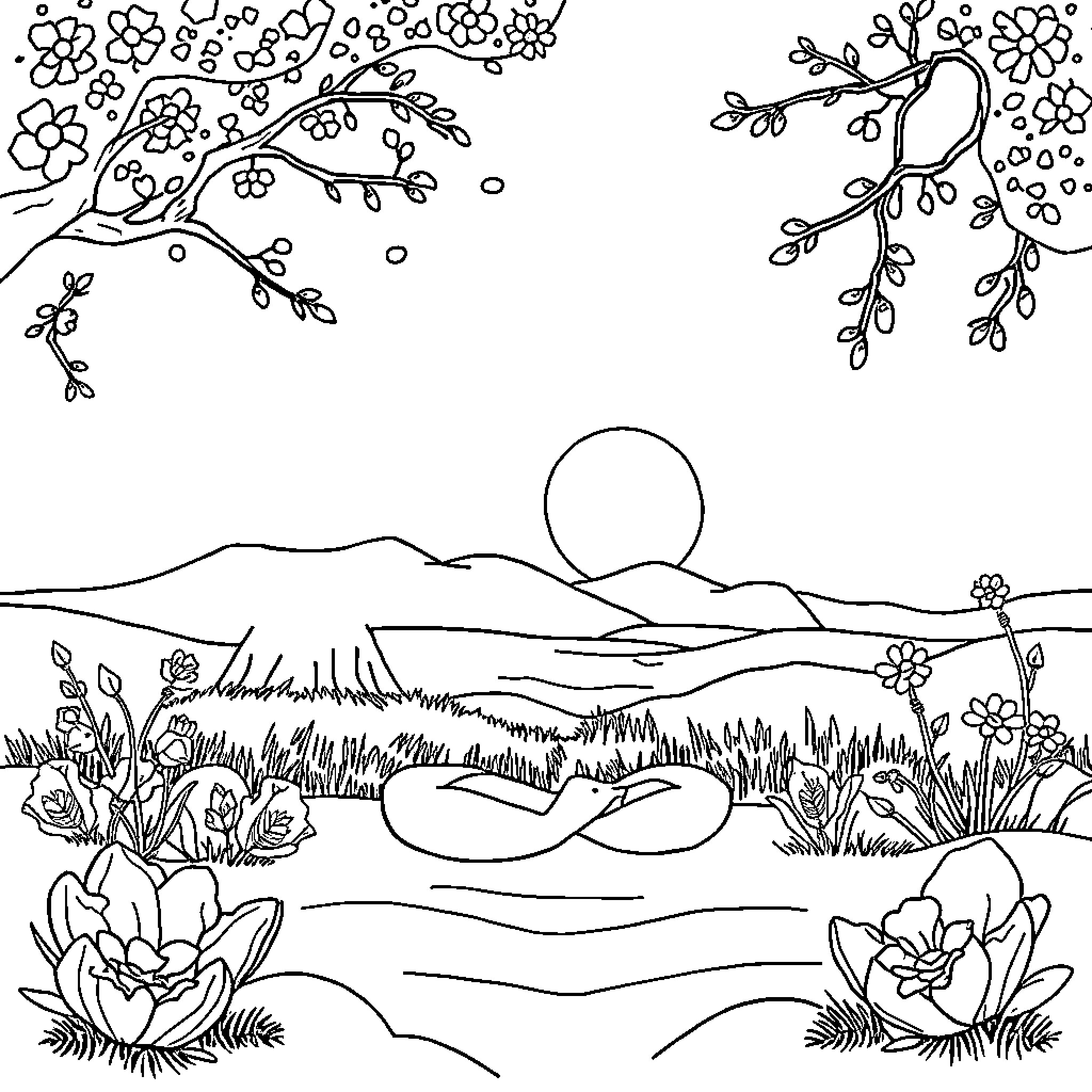Mindfulness in Nature's Embrace Coloring Page (free black-and-white line drawing printable PDF for all, from beginners to advanced learners, including children, teens, adults, and seniors)