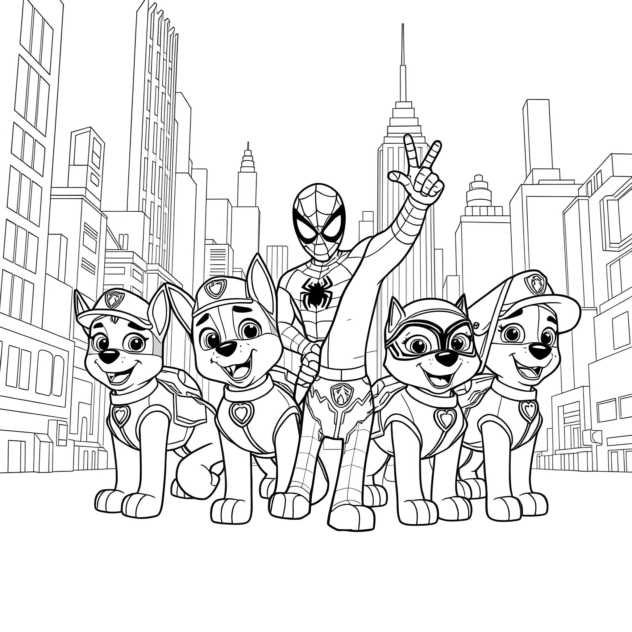 Paw Patrol team with Spiderman in the city Coloring Page (free black-and-white line drawing printable PDF for all, from beginners to advanced learners, including children, teens, adults, and seniors)