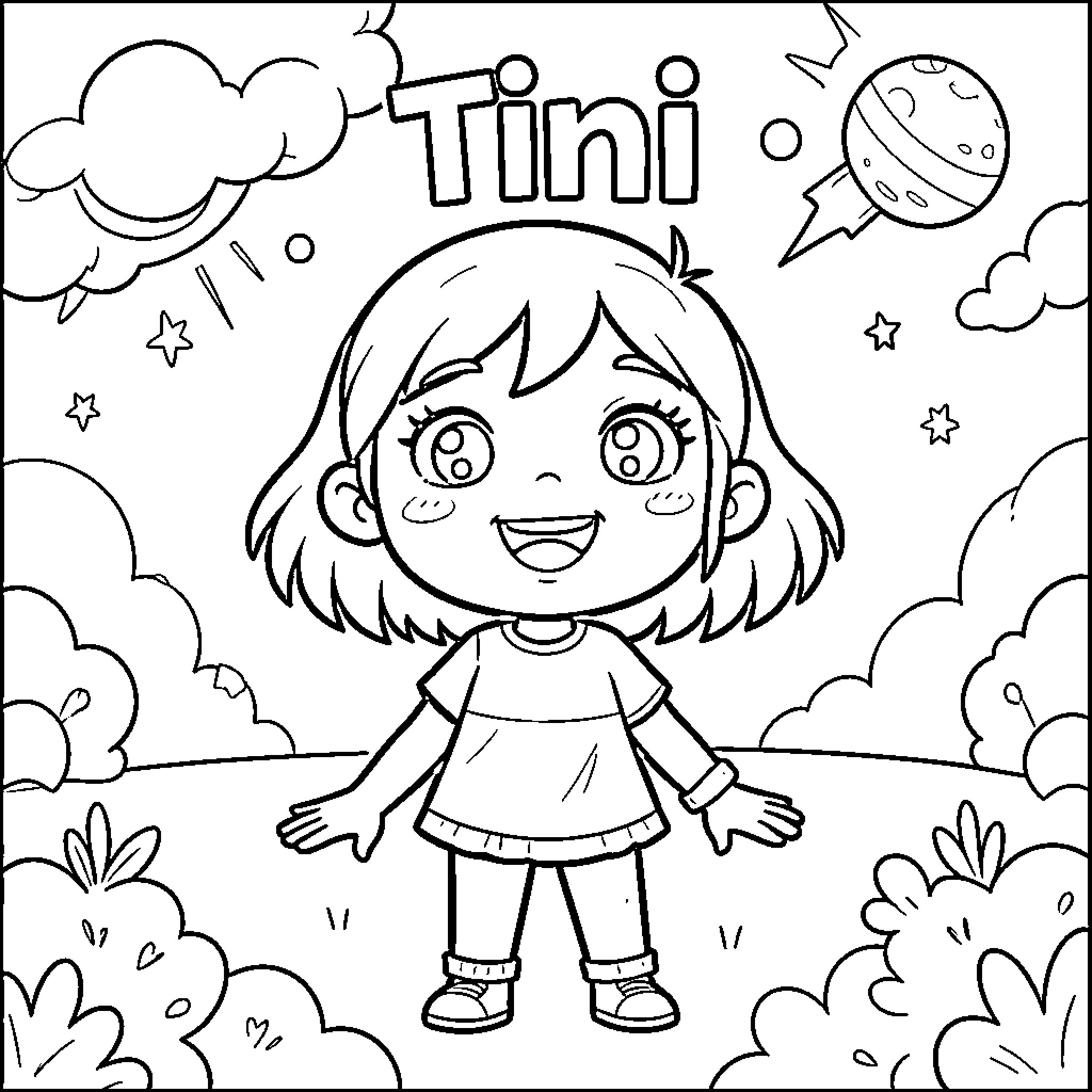 Tini's happy adventure in the illustrated world Coloring Page (free black-and-white line drawing printable PDF for all, from beginners to advanced learners, including children, teens, adults, and seniors)