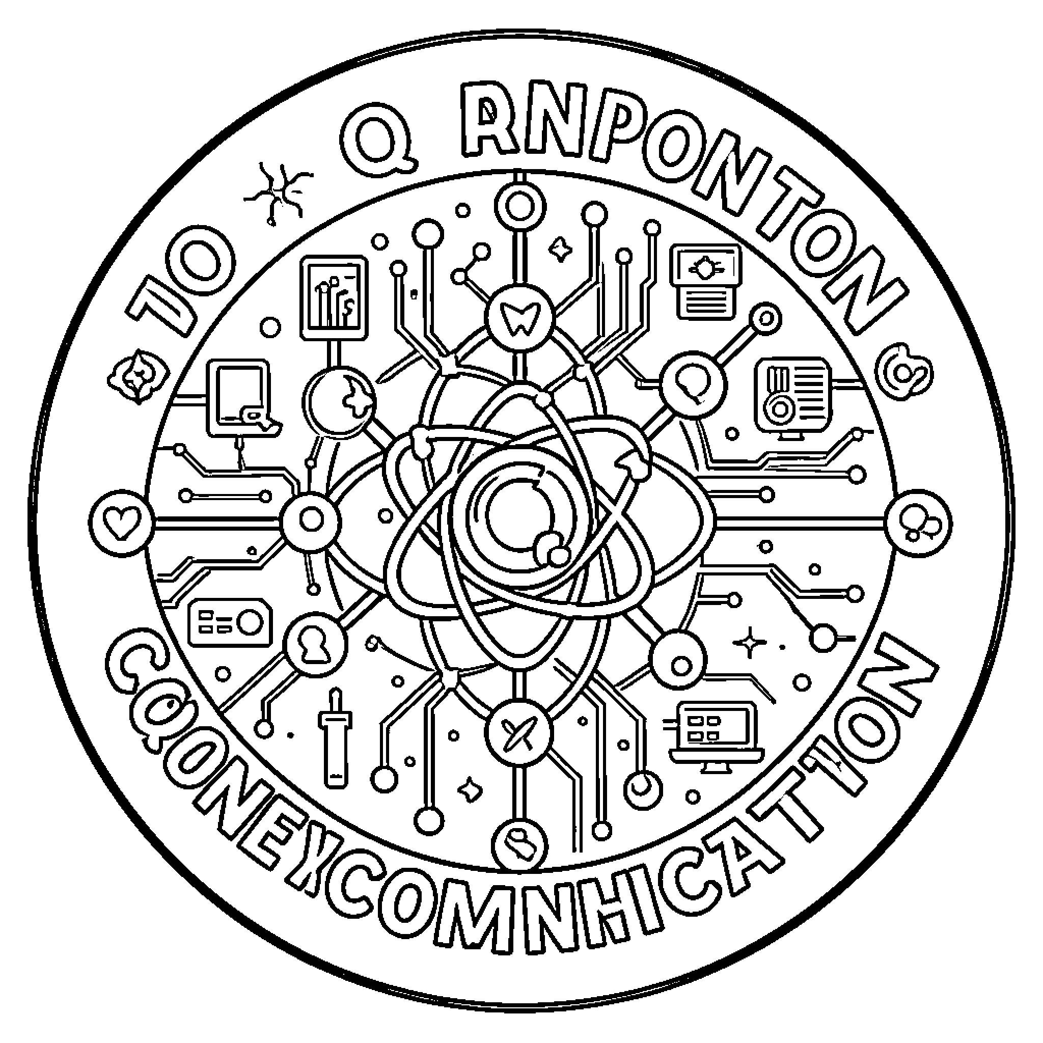 Quantum Communication circular design with intricate technological patterns Coloring Page (free black-and-white line drawing printable PDF for all, from beginners to advanced learners, including children, teens, adults, and seniors)