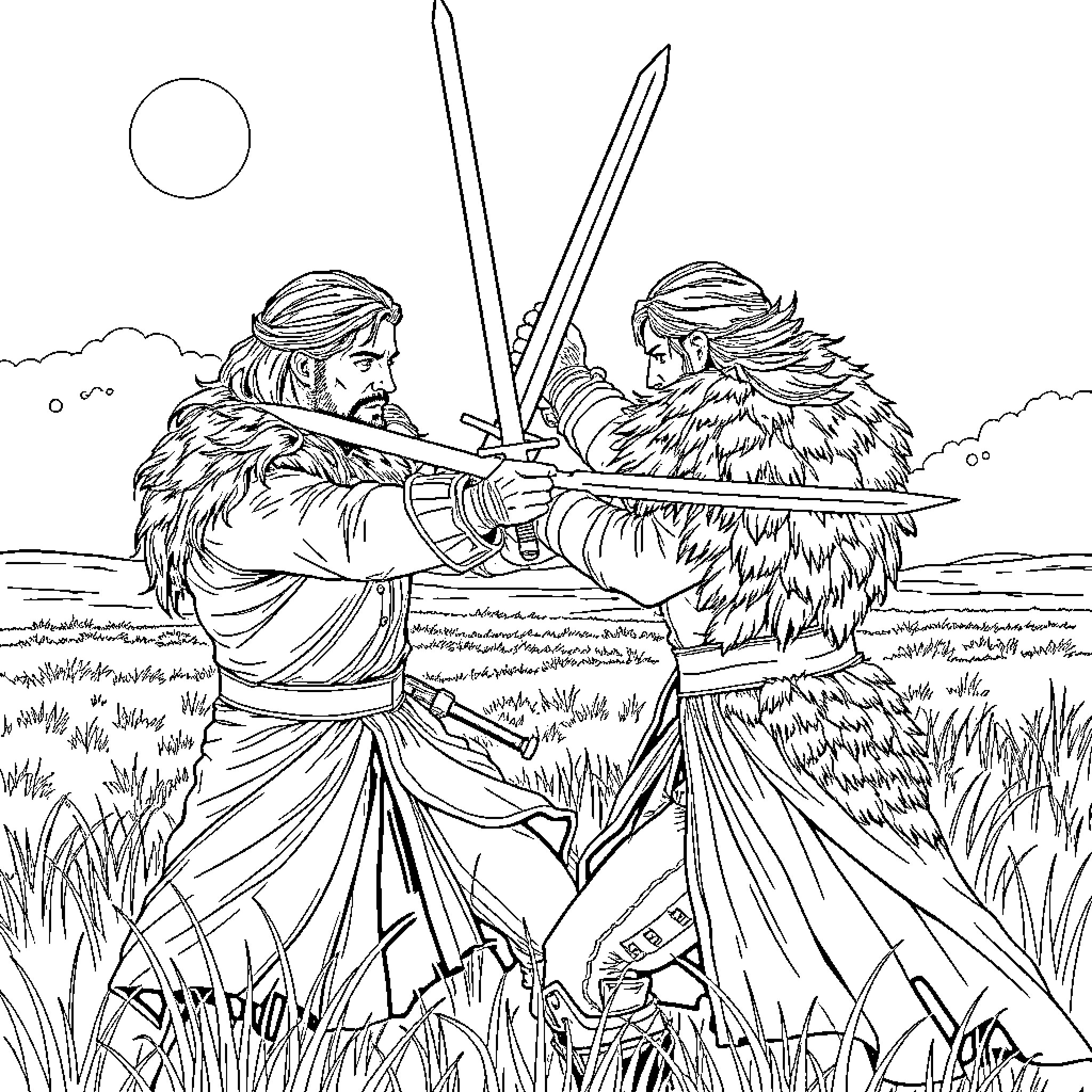 Sword Duel in Wilderness Landscape Coloring Page (free black-and-white line drawing printable PDF for all, from beginners to advanced learners, including children, teens, adults, and seniors)