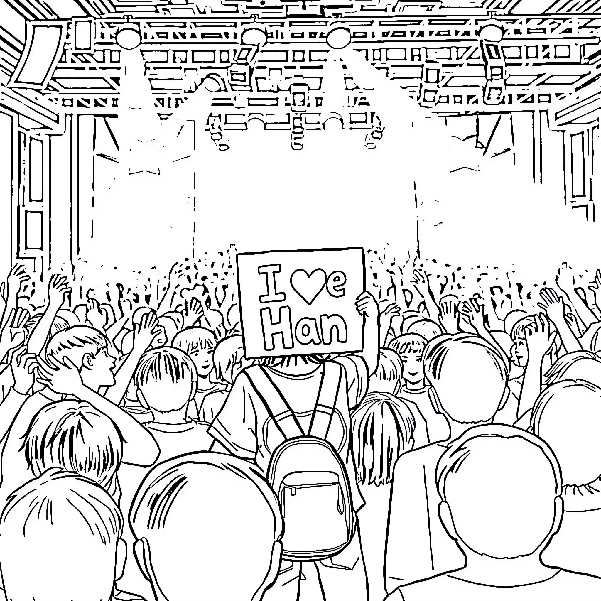 Girl Cheering Happily at Event with Crowd Coloring Page (free black-and-white line drawing printable PDF for all, from beginners to advanced learners, including children, teens, adults, and seniors)