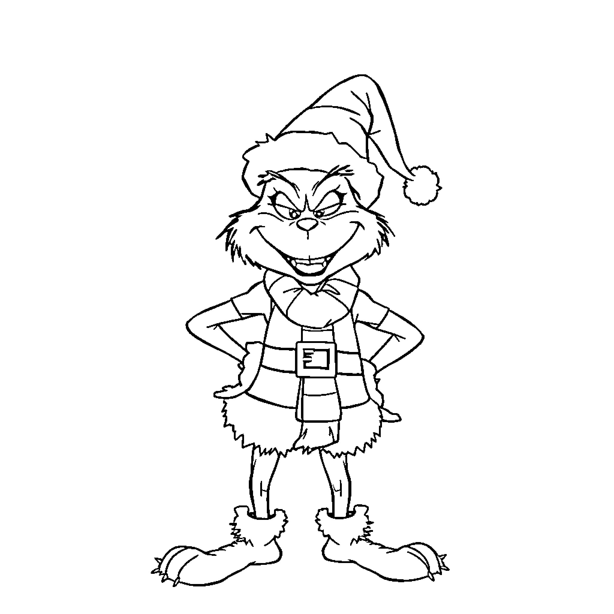 Grinch in mischievous holiday outfit Coloring Page (free black-and-white line drawing printable PDF for all, from beginners to advanced learners, including children, teens, adults, and seniors)