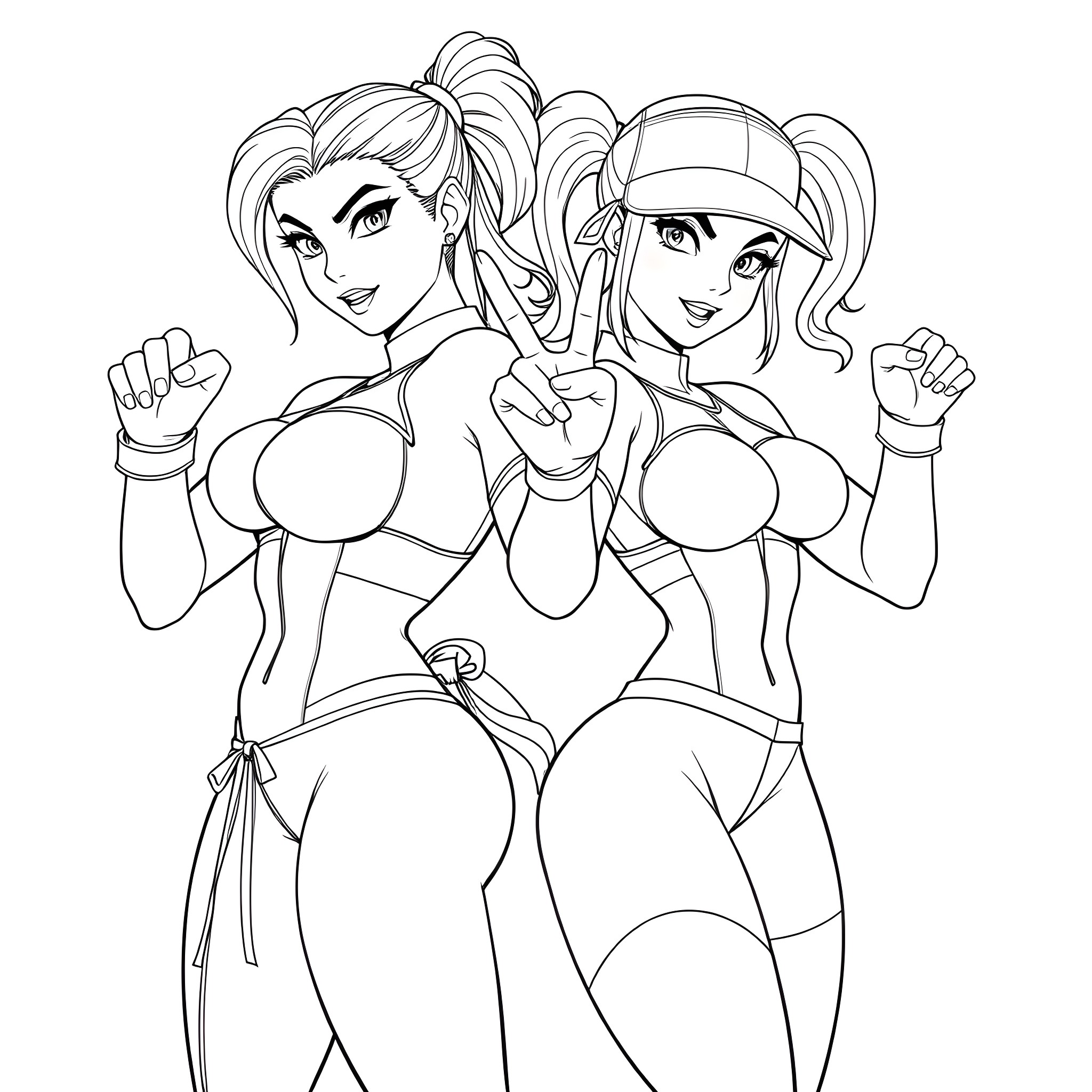 Chun Li and a female character in fighting stances Coloring Page (free black-and-white line drawing printable PDF for all, from beginners to advanced learners, including children, teens, adults, and seniors)