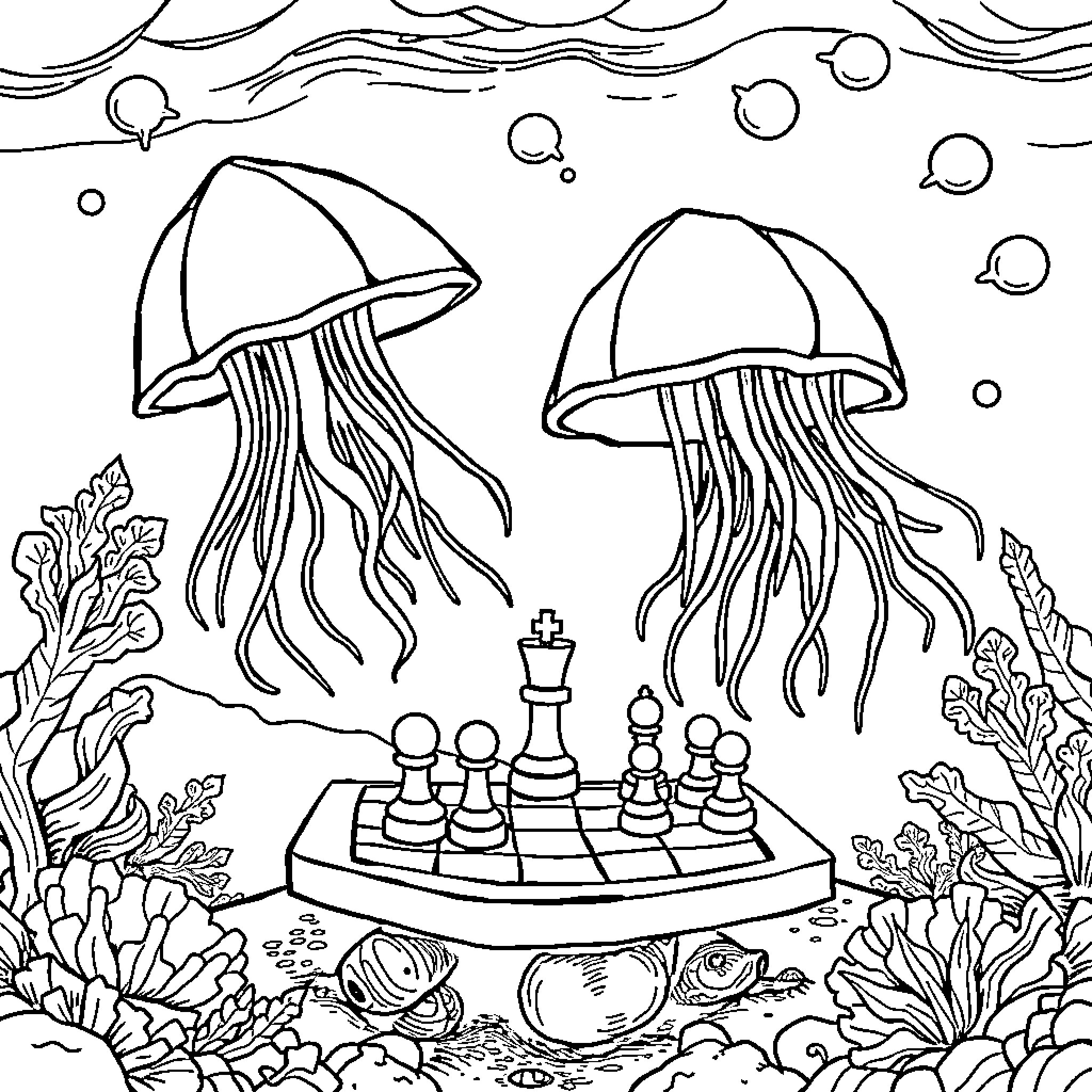 Jellyfish playing chess underwater Coloring Page (free black-and-white line drawing printable PDF for all, from beginners to advanced learners, including children, teens, adults, and seniors)