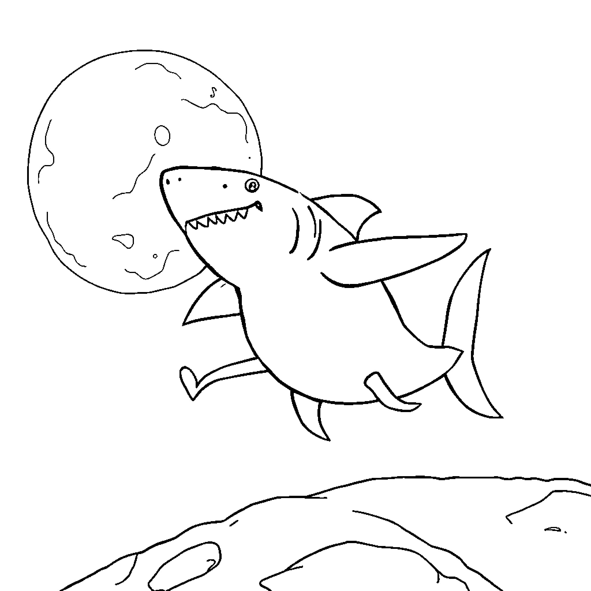 Shark hunting under the moon Coloring Page (free black-and-white line drawing printable PDF for all, from beginners to advanced learners, including children, teens, adults, and seniors)