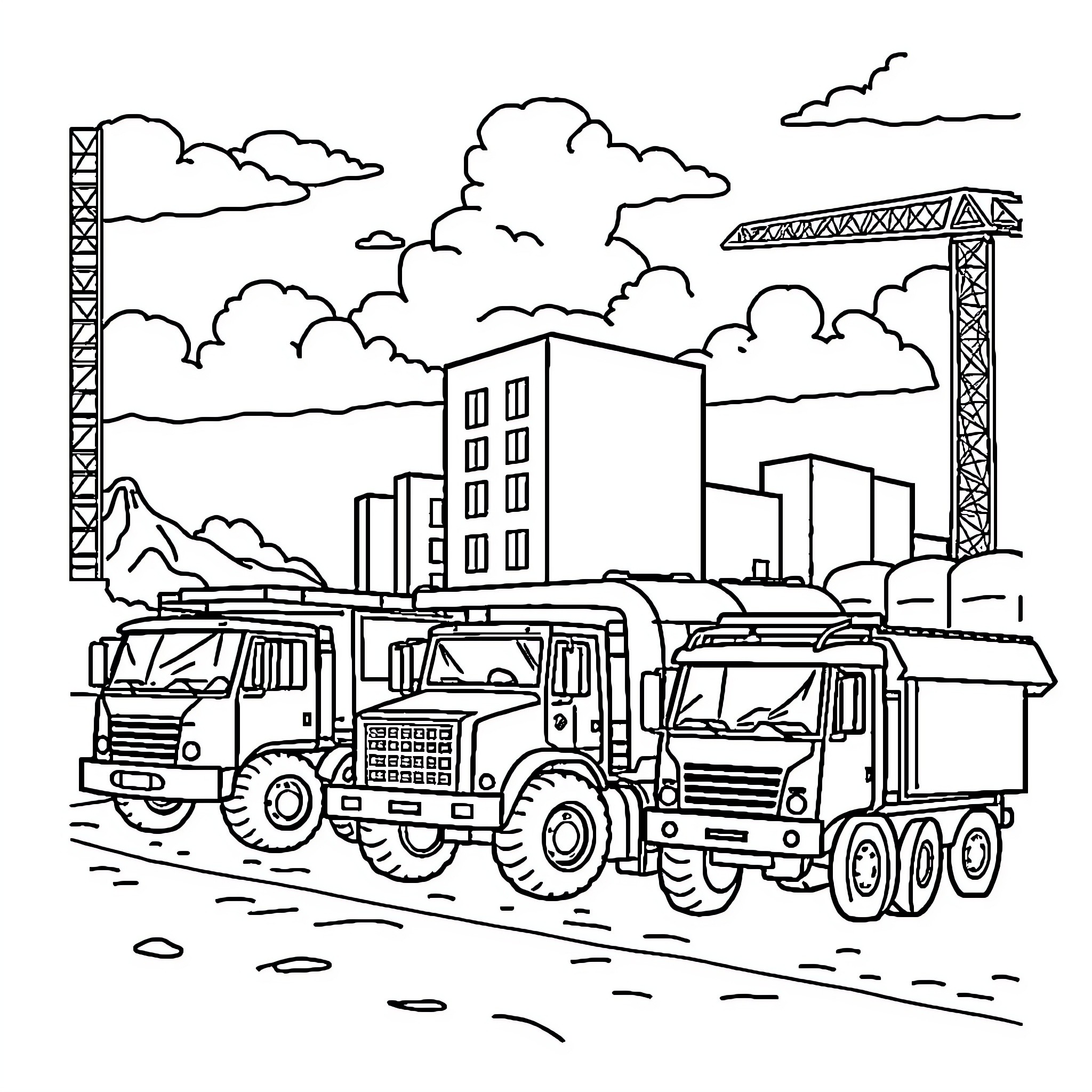 Construction Vehicles Transporting Supplies on City Street Coloring Page (free black-and-white line drawing printable PDF for all, from beginners to advanced learners, including children, teens, adults, and seniors)