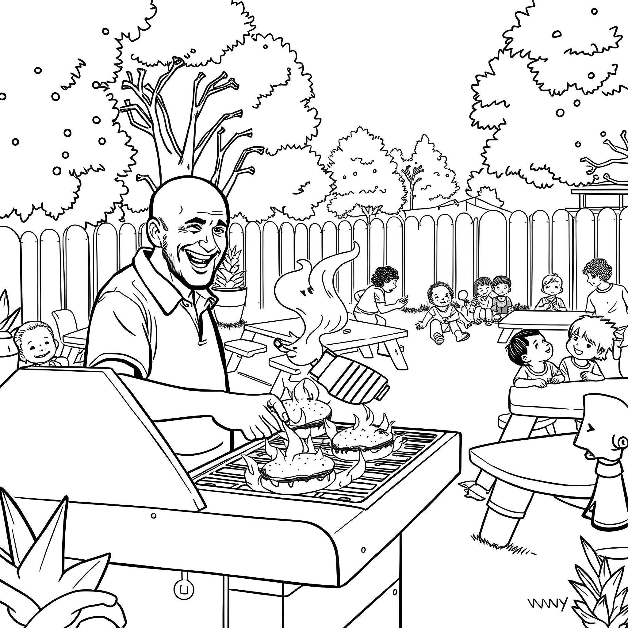 Dad serving up tasty treats at the family picnic Coloring Page (free black-and-white line drawing printable PDF for all, from beginners to advanced learners, including children, teens, adults, and seniors)