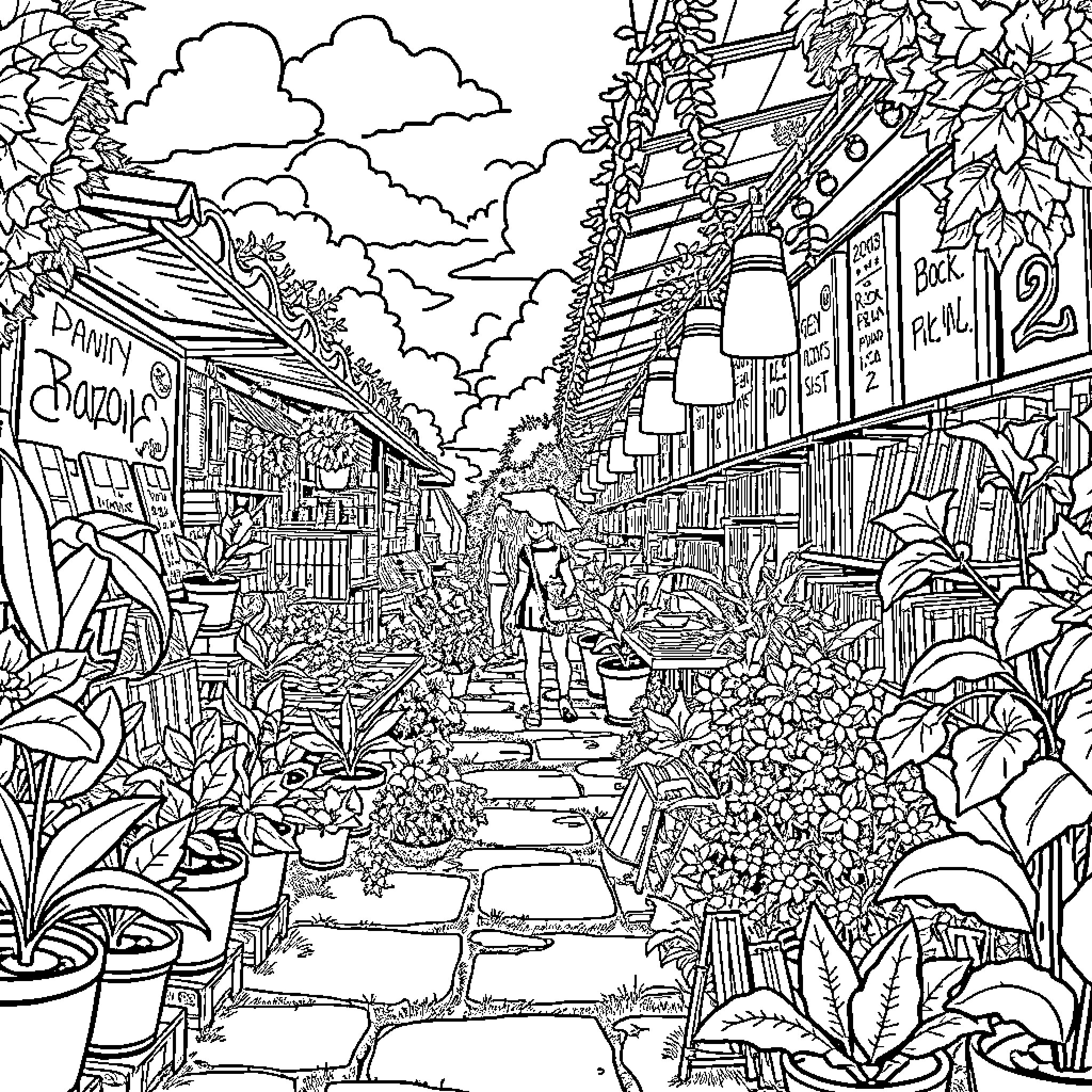 Manga Scene of Lively Market Street Coloring Page (free black-and-white line drawing printable PDF for all, from beginners to advanced learners, including children, teens, adults, and seniors)