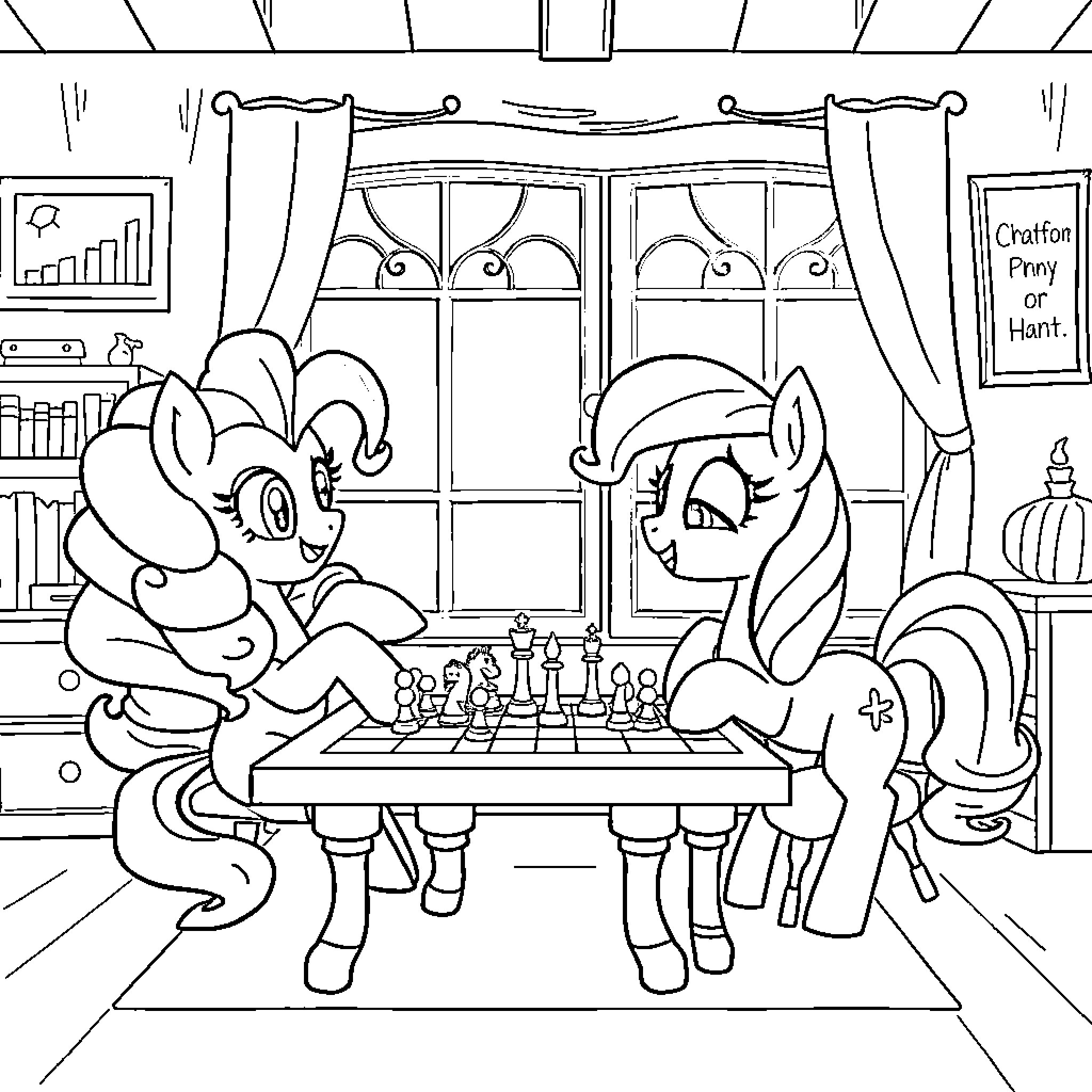 My Little Pony Playing Chess in the Craft Shop Coloring Page (free black-and-white line drawing printable PDF for all, from beginners to advanced learners, including children, teens, adults, and seniors)