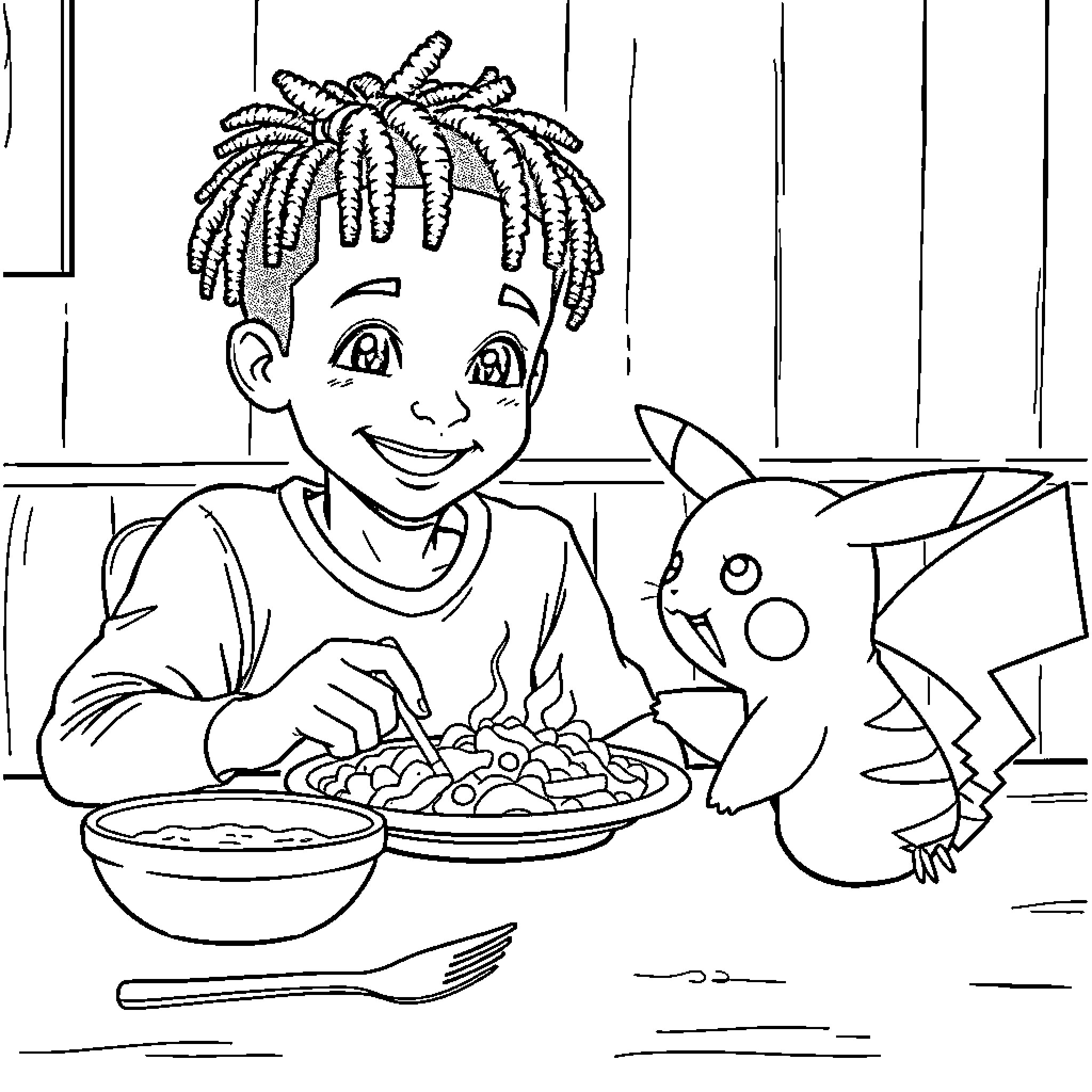 Boy enjoying a meal with a Pokémon friend Coloring Page (free black-and-white line drawing printable PDF for all, from beginners to advanced learners, including children, teens, adults, and seniors)