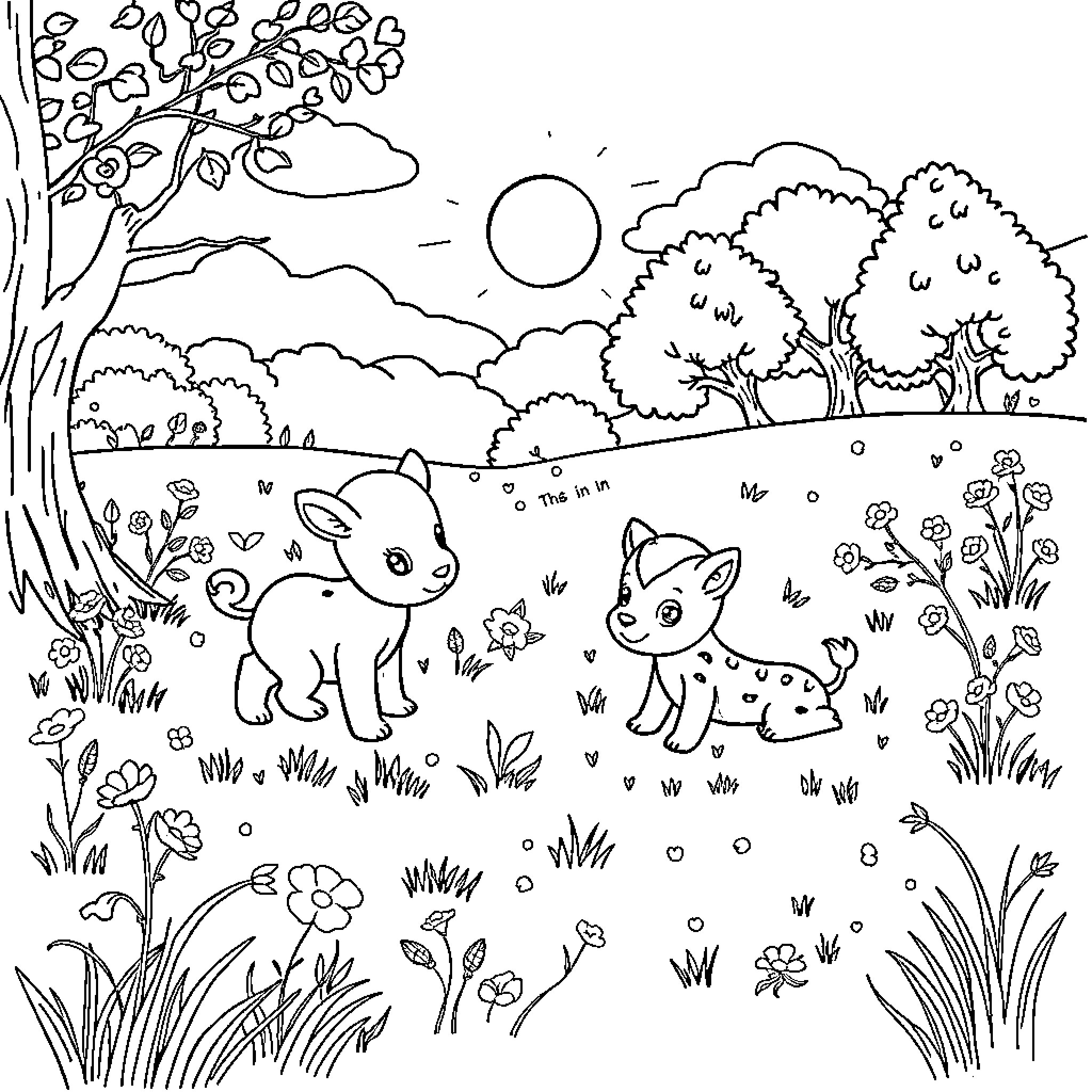 Baby Animals Frolicking in a Verdant Landscape Coloring Page (free black-and-white line drawing printable PDF for all, from beginners to advanced learners, including children, teens, adults, and seniors)