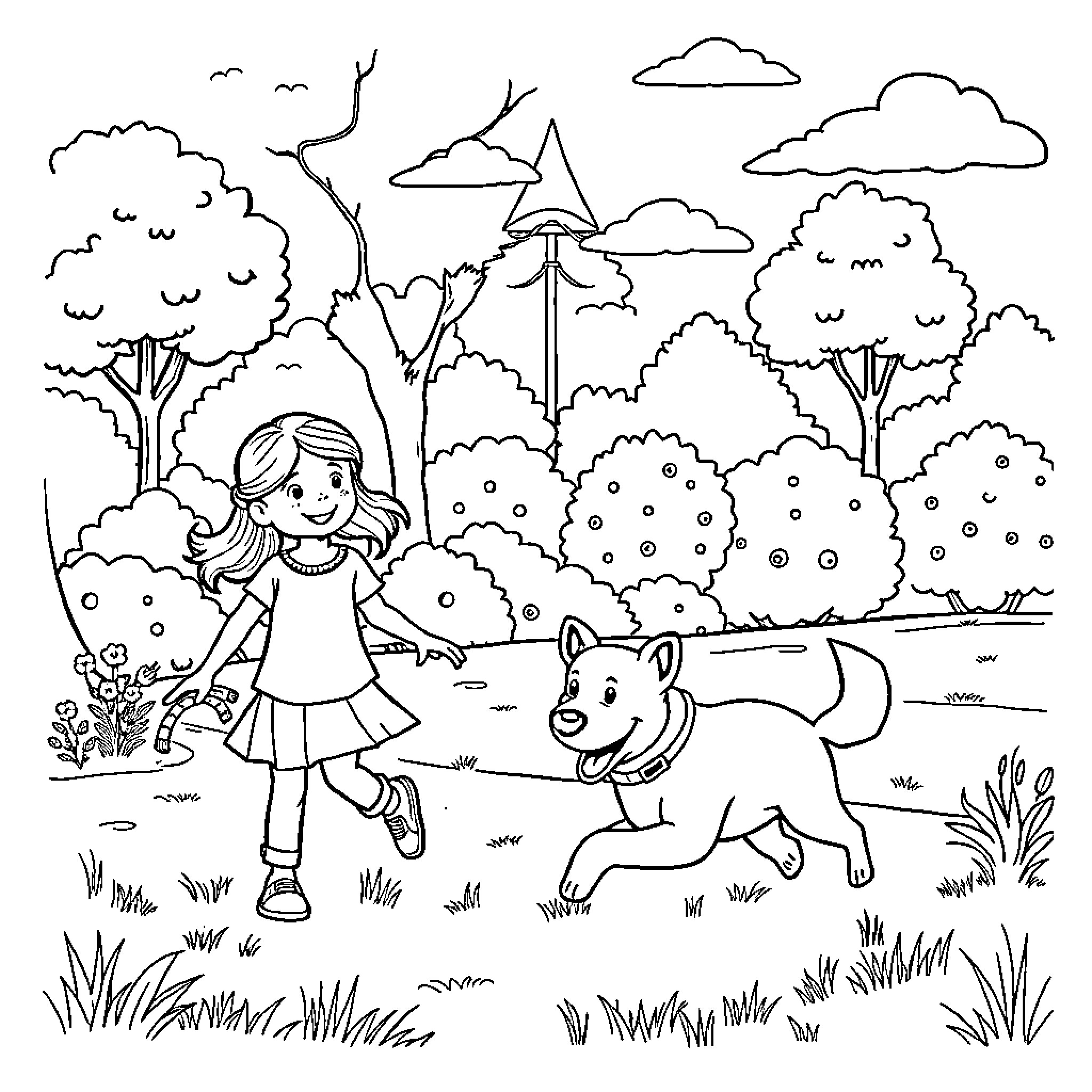 Dog and girl playing outdoors in nature Coloring Page (free black-and-white line drawing printable PDF for all, from beginners to advanced learners, including children, teens, adults, and seniors)