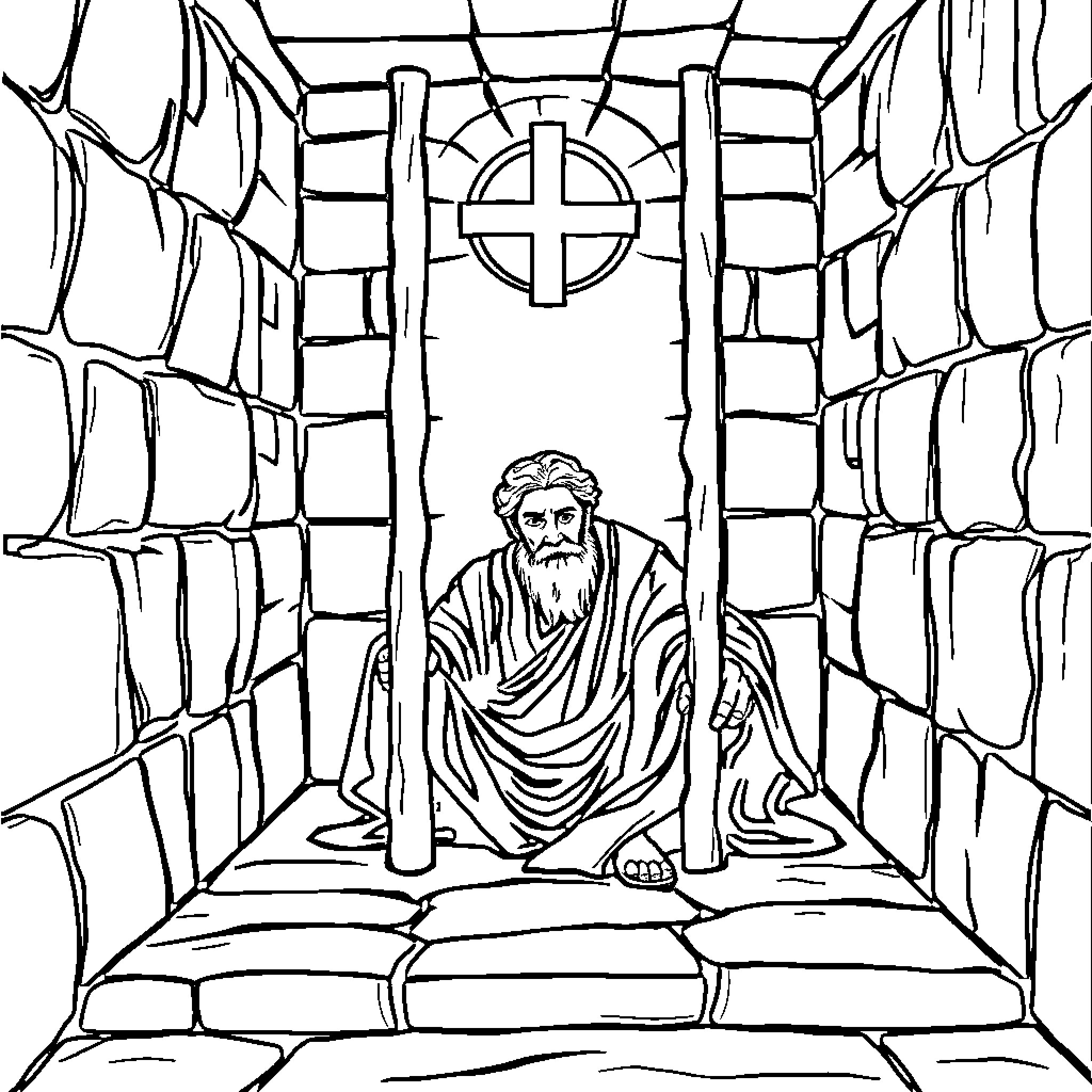 Apostle Studying Scripture in a Sanctuary Coloring Page (free black-and-white line drawing printable PDF for all, from beginners to advanced learners, including children, teens, adults, and seniors)