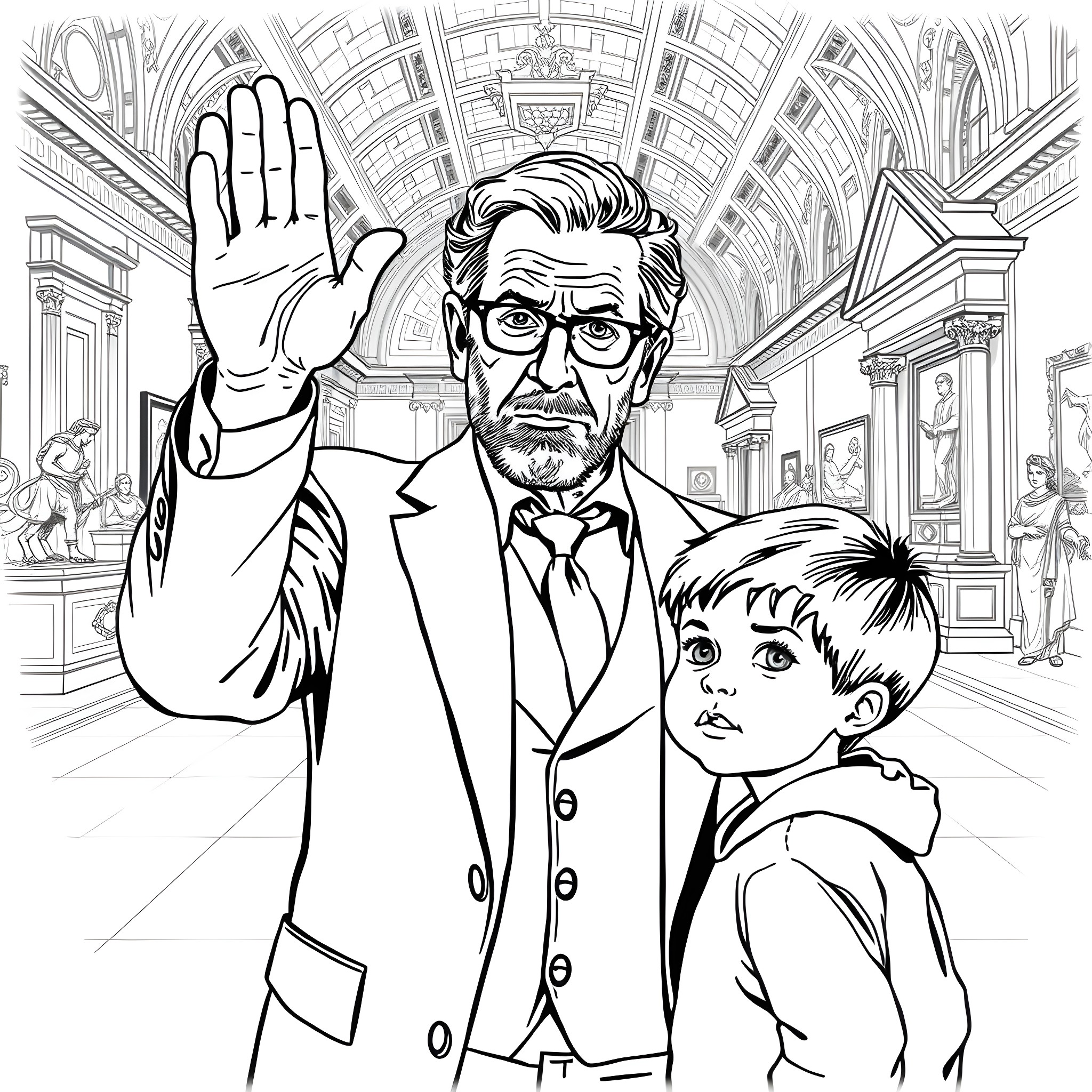 Gary Oldman in Formal Attire with Young Boy Coloring Page (free black-and-white line drawing printable PDF for all, from beginners to advanced learners, including children, teens, adults, and seniors)