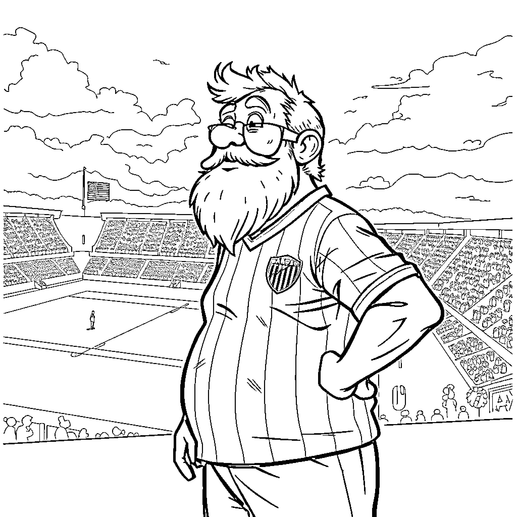 Papá Pitufo stands proudly in a sports stadium Coloring Page (free black-and-white line drawing printable PDF for all, from beginners to advanced learners, including children, teens, adults, and seniors)