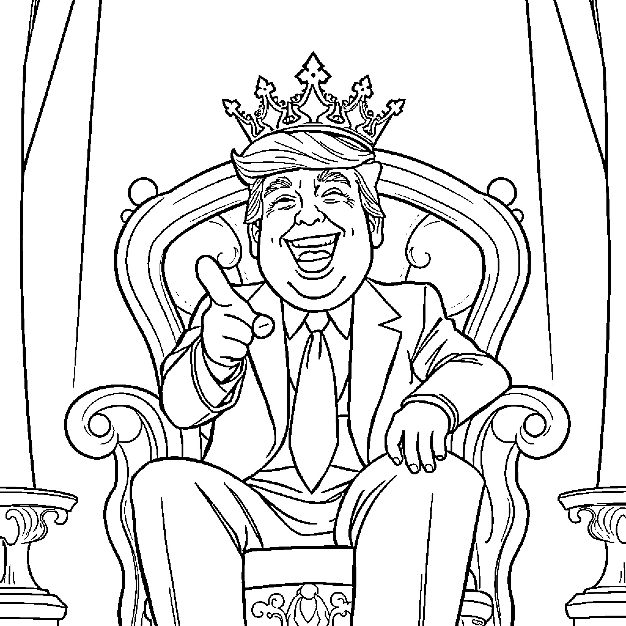 Donald Trump Triumphantly Seated on Throne Coloring Page (free black-and-white line drawing printable PDF for all, from beginners to advanced learners, including children, teens, adults, and seniors)