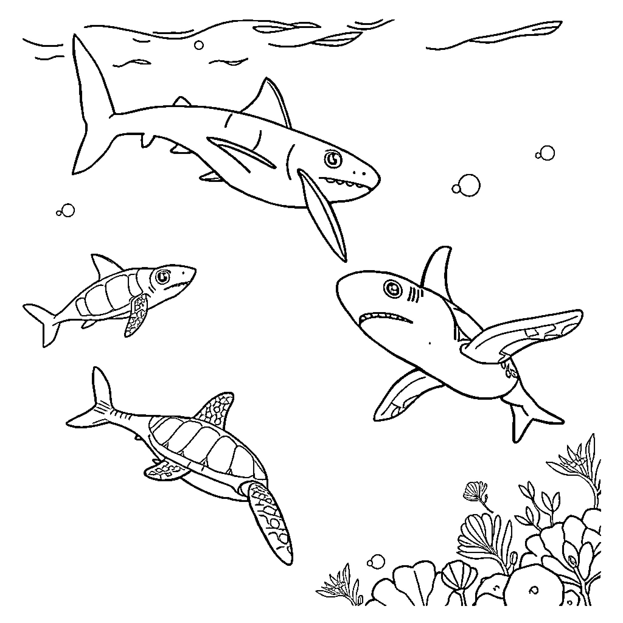Shark family swimming in the ocean Coloring Page (free black-and-white line drawing printable PDF for all, from beginners to advanced learners, including children, teens, adults, and seniors)