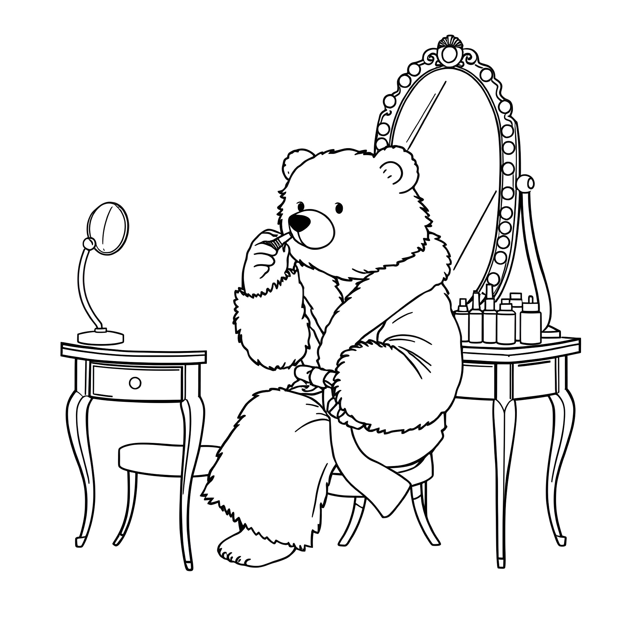 Bear sitting at a vanity mirror Coloring Page (free black-and-white line drawing printable PDF for all, from beginners to advanced learners, including children, teens, adults, and seniors)