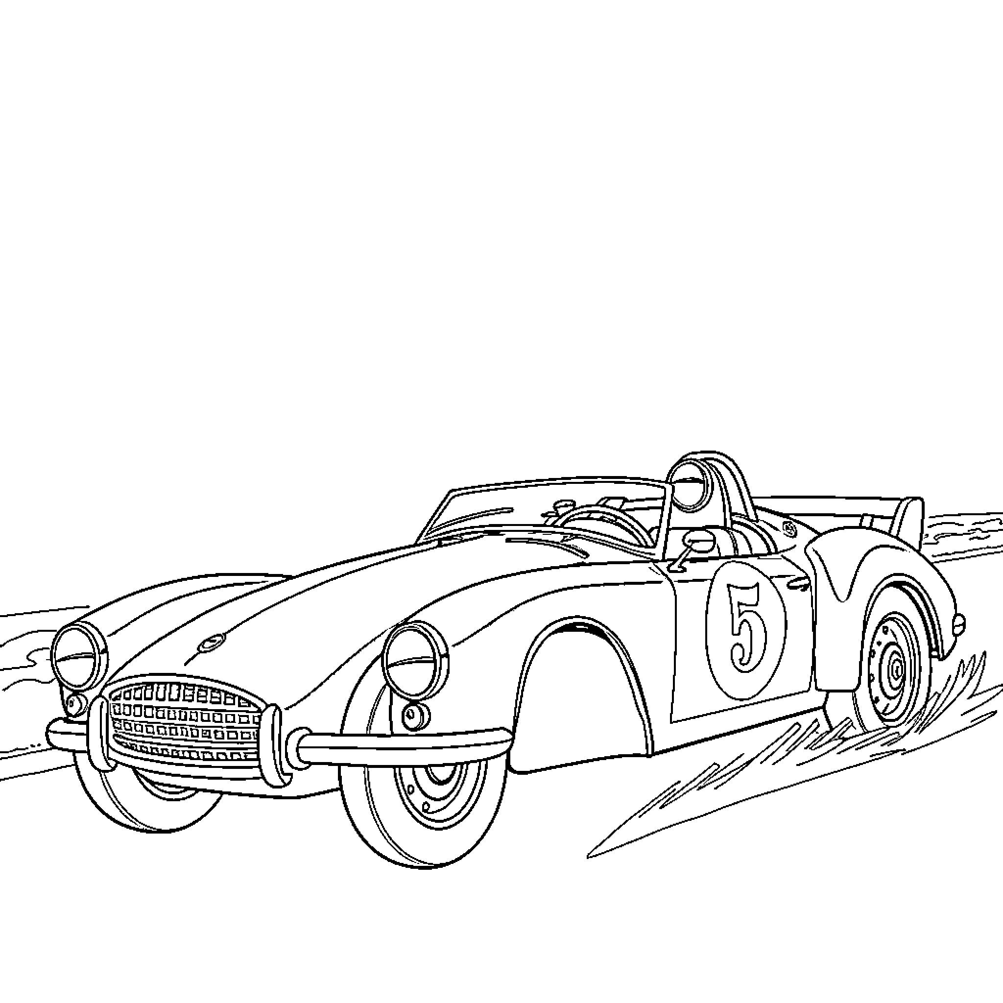 Voiture racing along the track Coloring Page (free black-and-white line drawing printable PDF for all, from beginners to advanced learners, including children, teens, adults, and seniors)