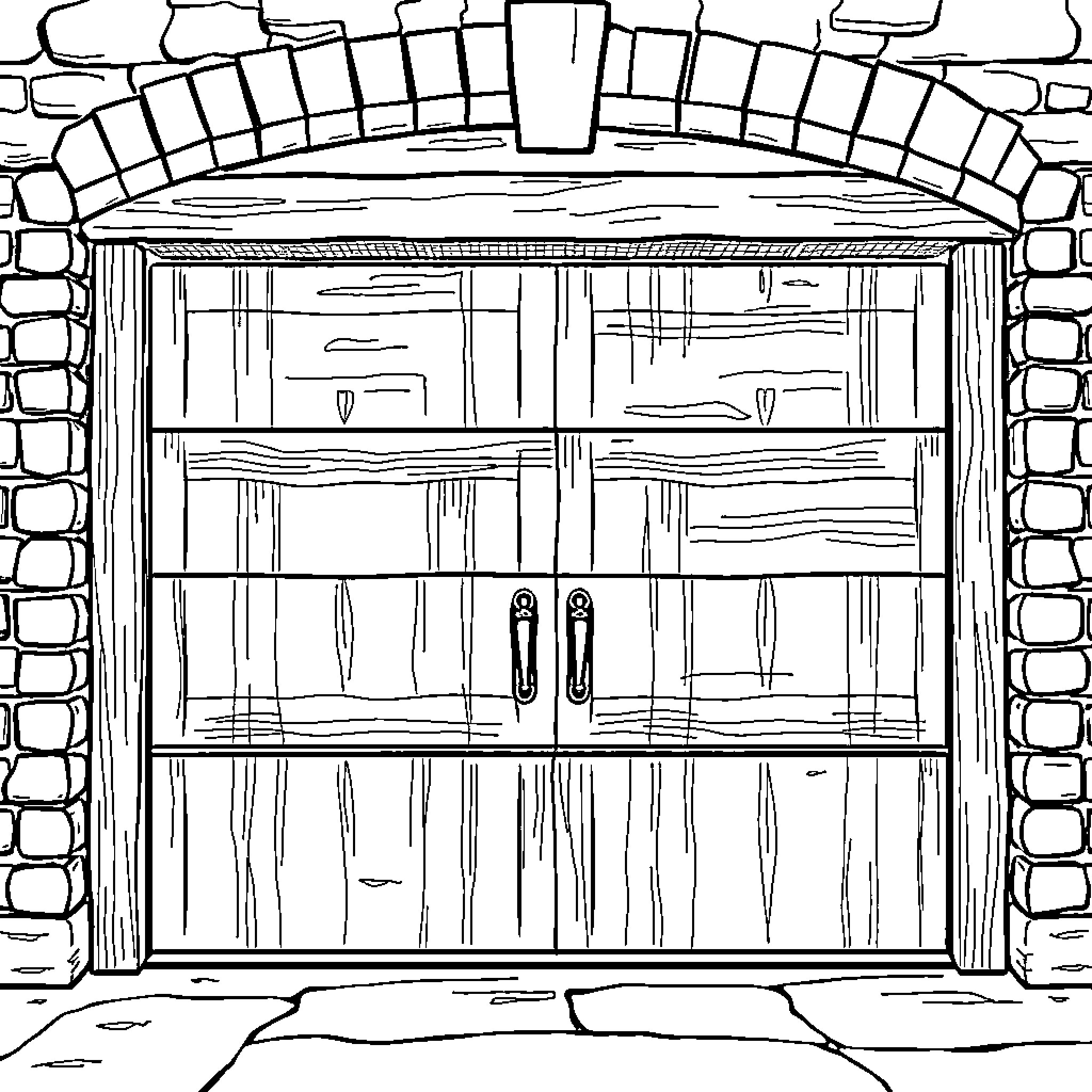Garage Door with Wooden Panels and Stone Archway Coloring Page (free black-and-white line drawing printable PDF for all, from beginners to advanced learners, including children, teens, adults, and seniors)