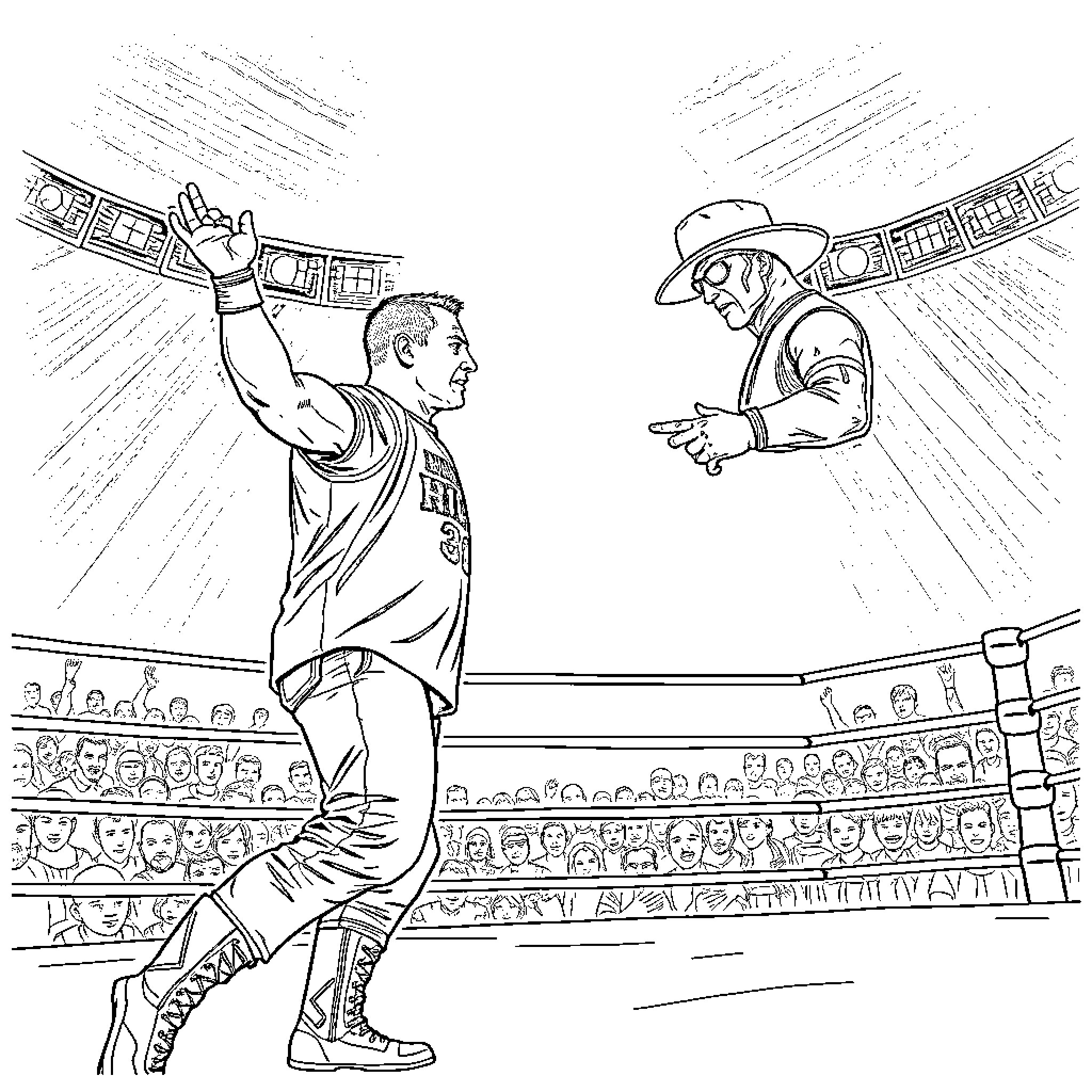 John Cena's Victorious Wrestling Match Coloring Page (free black-and-white line drawing printable PDF for all, from beginners to advanced learners, including children, teens, adults, and seniors)