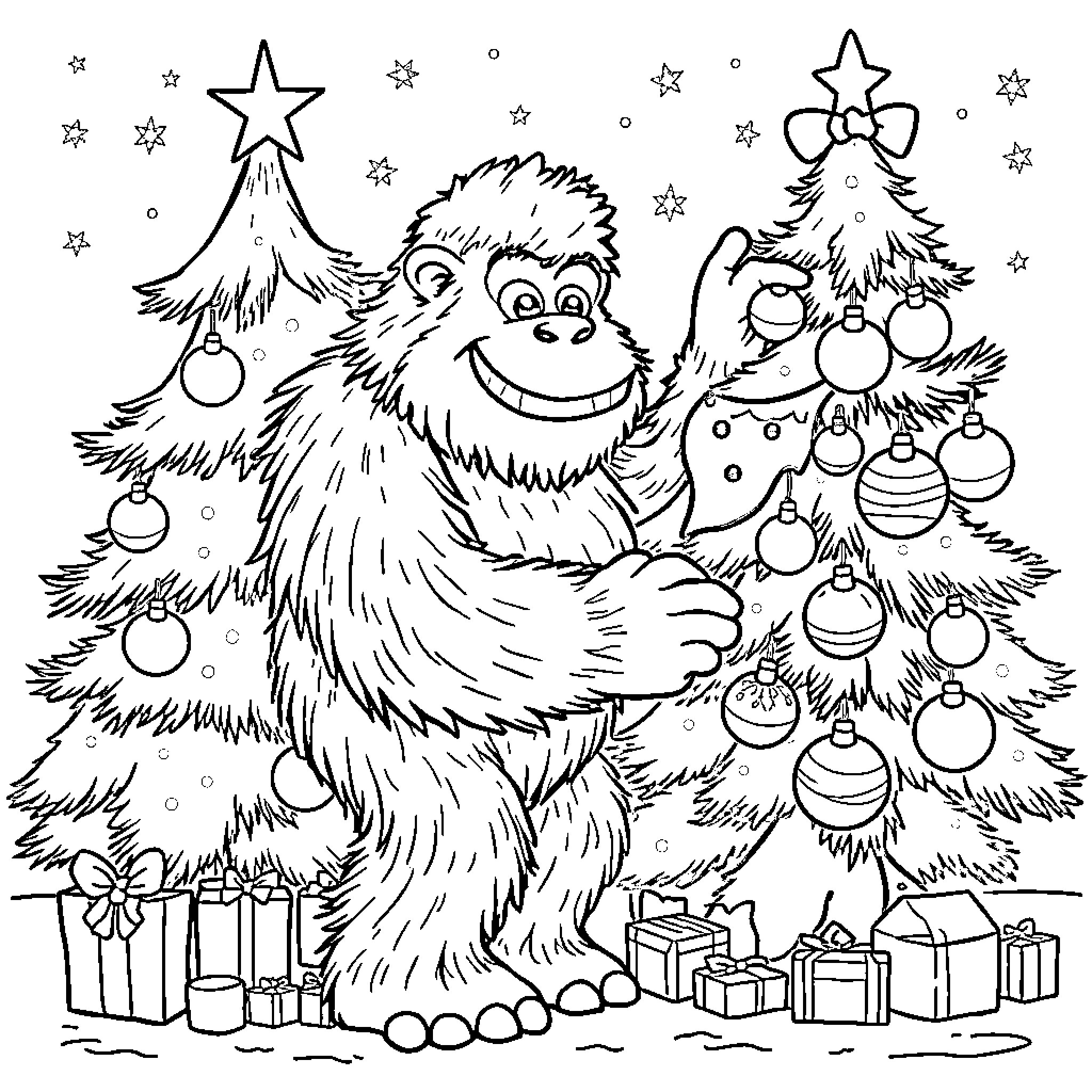 Bigfoot decorating Christmas tree with ornaments Coloring Page (free black-and-white line drawing printable PDF for all, from beginners to advanced learners, including children, teens, adults, and seniors)
