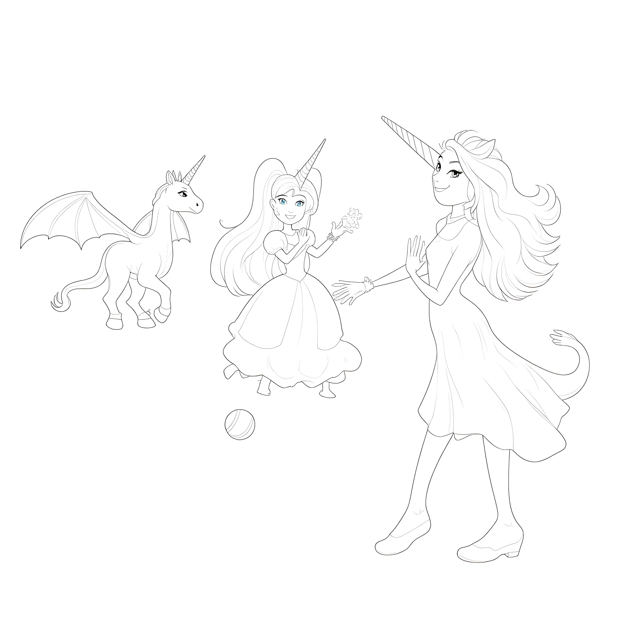 Dragon-inspired Magical Fantasy Scene Coloring Page (free black-and-white line drawing printable PDF for all, from beginners to advanced learners, including children, teens, adults, and seniors)