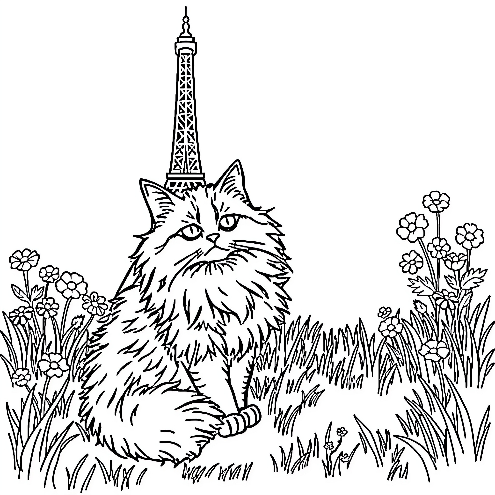 Cat enjoying the sights in Paris Coloring Page (free black-and-white line drawing printable PDF for all, from beginners to advanced learners, including children, teens, adults, and seniors)