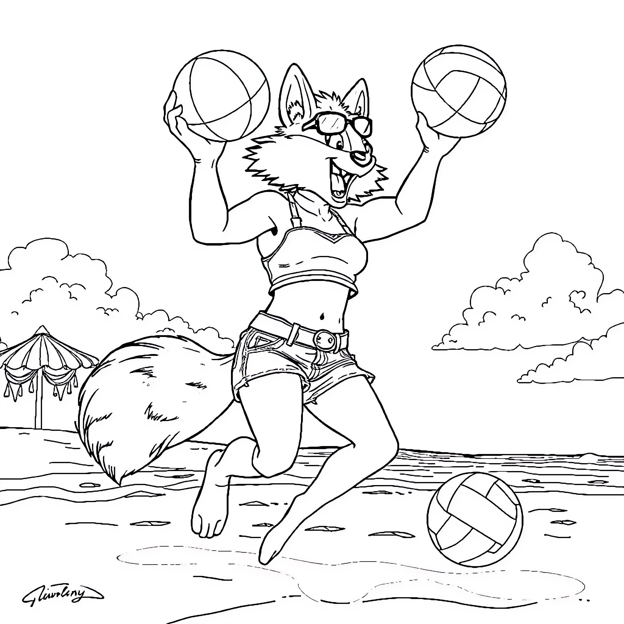 Twunk playing with beach balls in the park Coloring Page (free black-and-white line drawing printable PDF for all, from beginners to advanced learners, including children, teens, adults, and seniors)