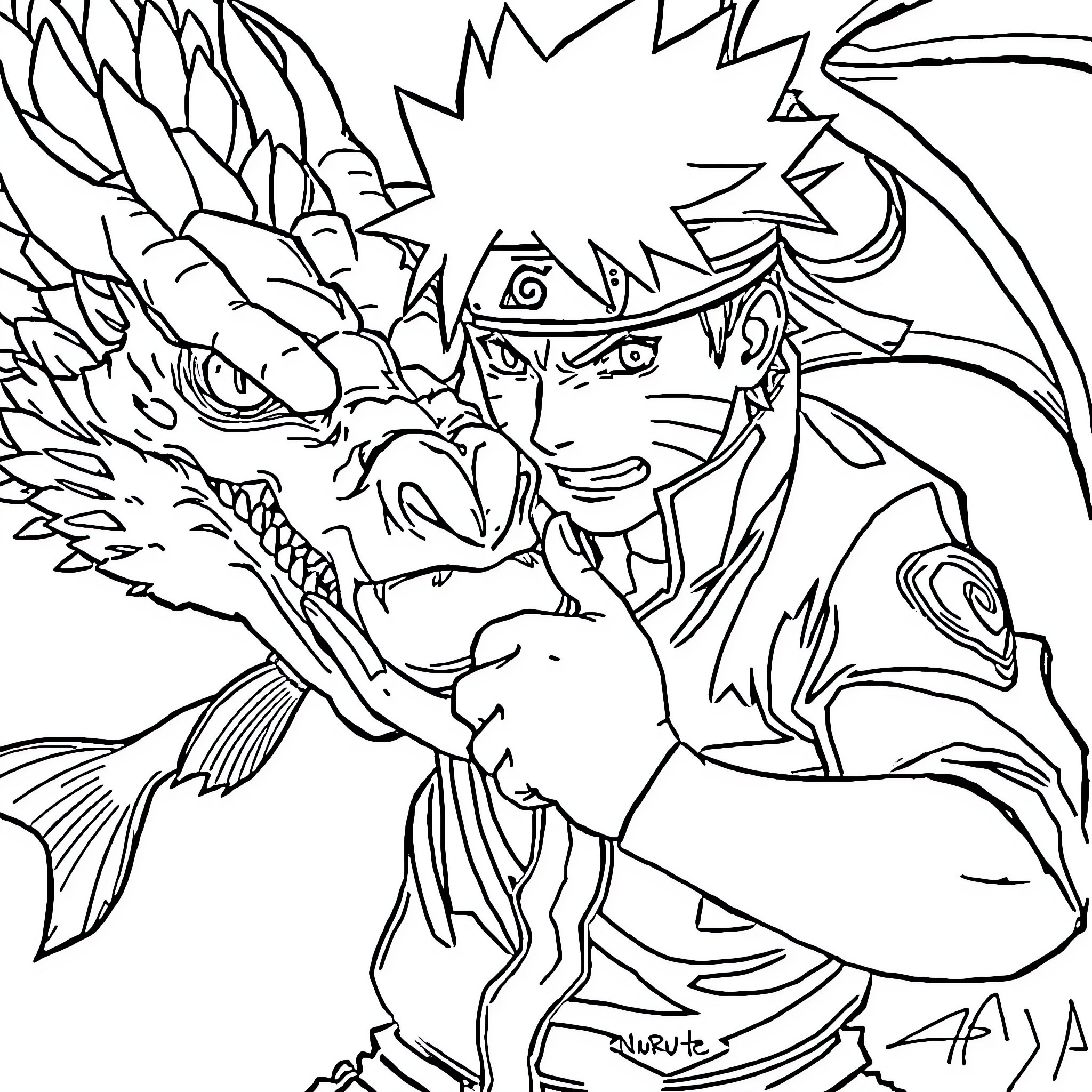 Naruto's Heroic Encounter with a Fierce Dragon Coloring Page (free black-and-white line drawing printable PDF for all, from beginners to advanced learners, including children, teens, adults, and seniors)