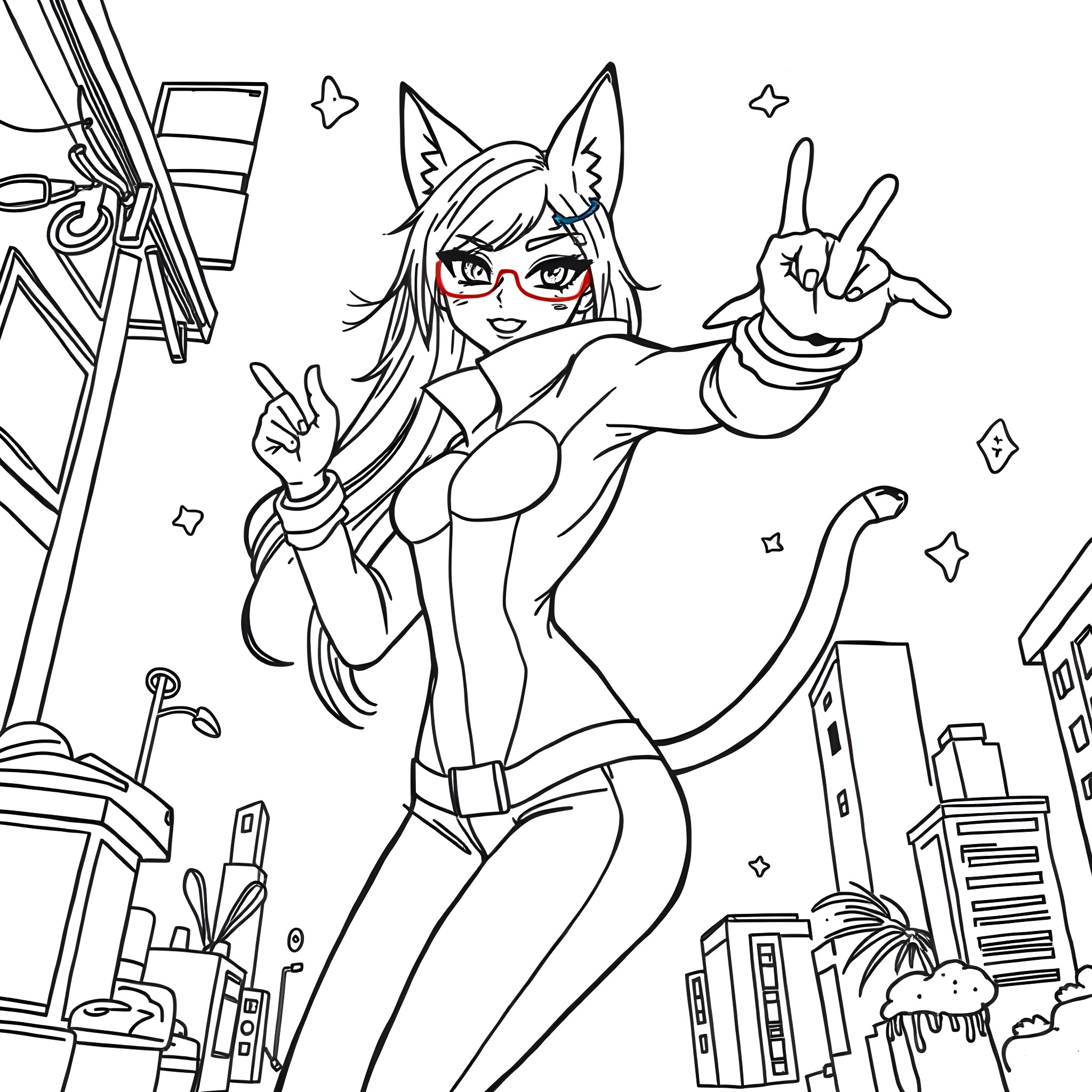 Teen Girl in Anime-Style Pose with Urban Backdrop Coloring Page (free black-and-white line drawing printable PDF for all, from beginners to advanced learners, including children, teens, adults, and seniors)