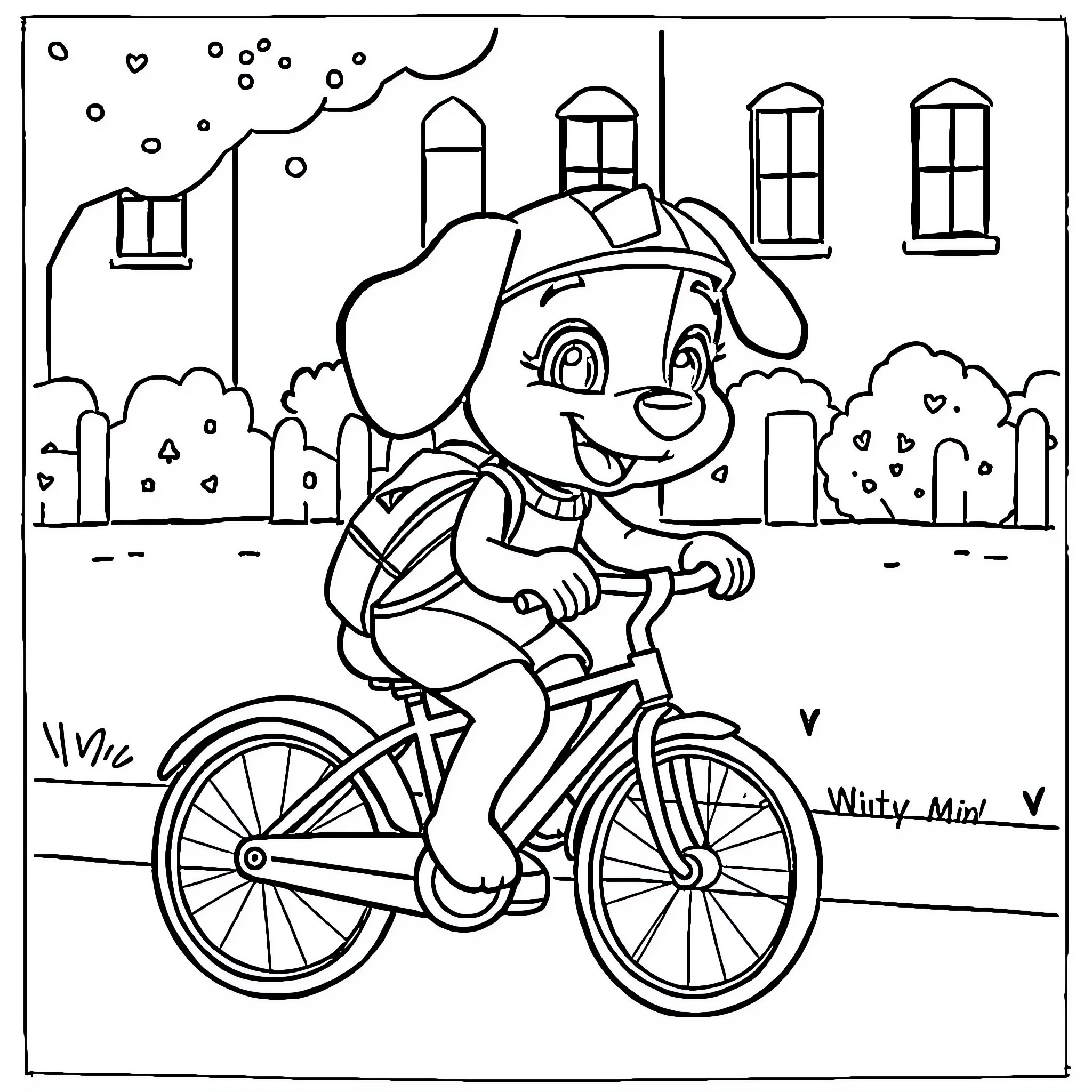 Bluey riding a bike through the town Coloring Page (free black-and-white line drawing printable PDF for all, from beginners to advanced learners, including children, teens, adults, and seniors)