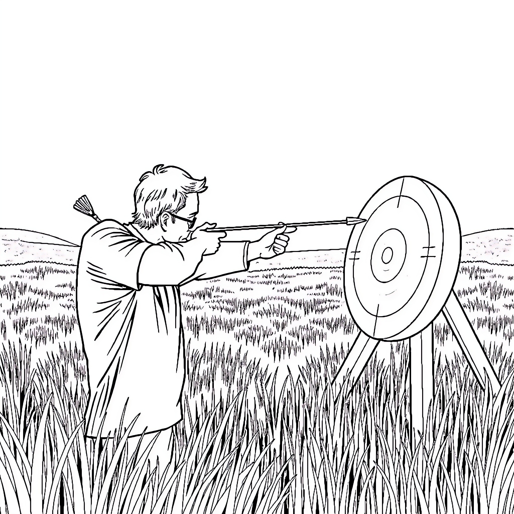 Darryl Nixon practicing archery in the meadow Coloring Page (free black-and-white line drawing printable PDF for all, from beginners to advanced learners, including children, teens, adults, and seniors)