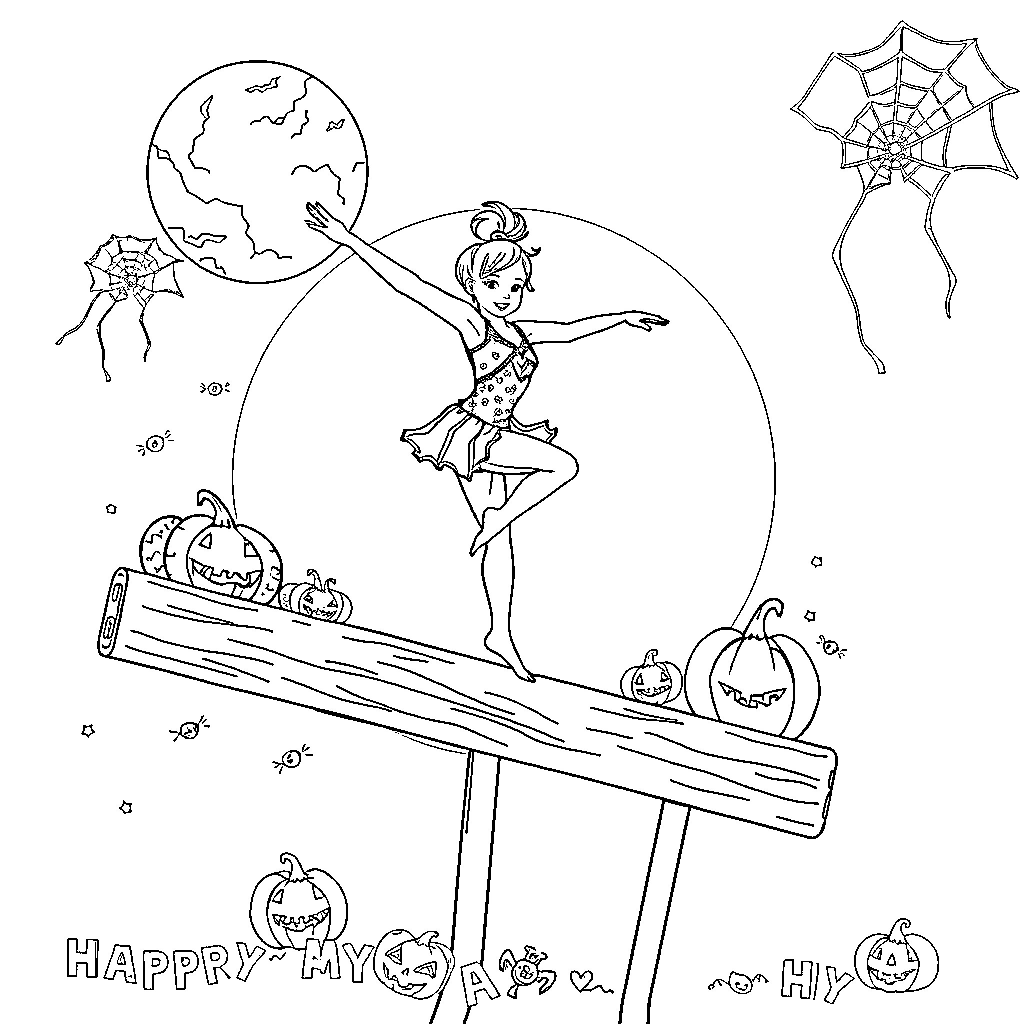 Gymnast performing balancing act on Halloween-themed stage Coloring Page (free black-and-white line drawing printable PDF for all, from beginners to advanced learners, including children, teens, adults, and seniors)
