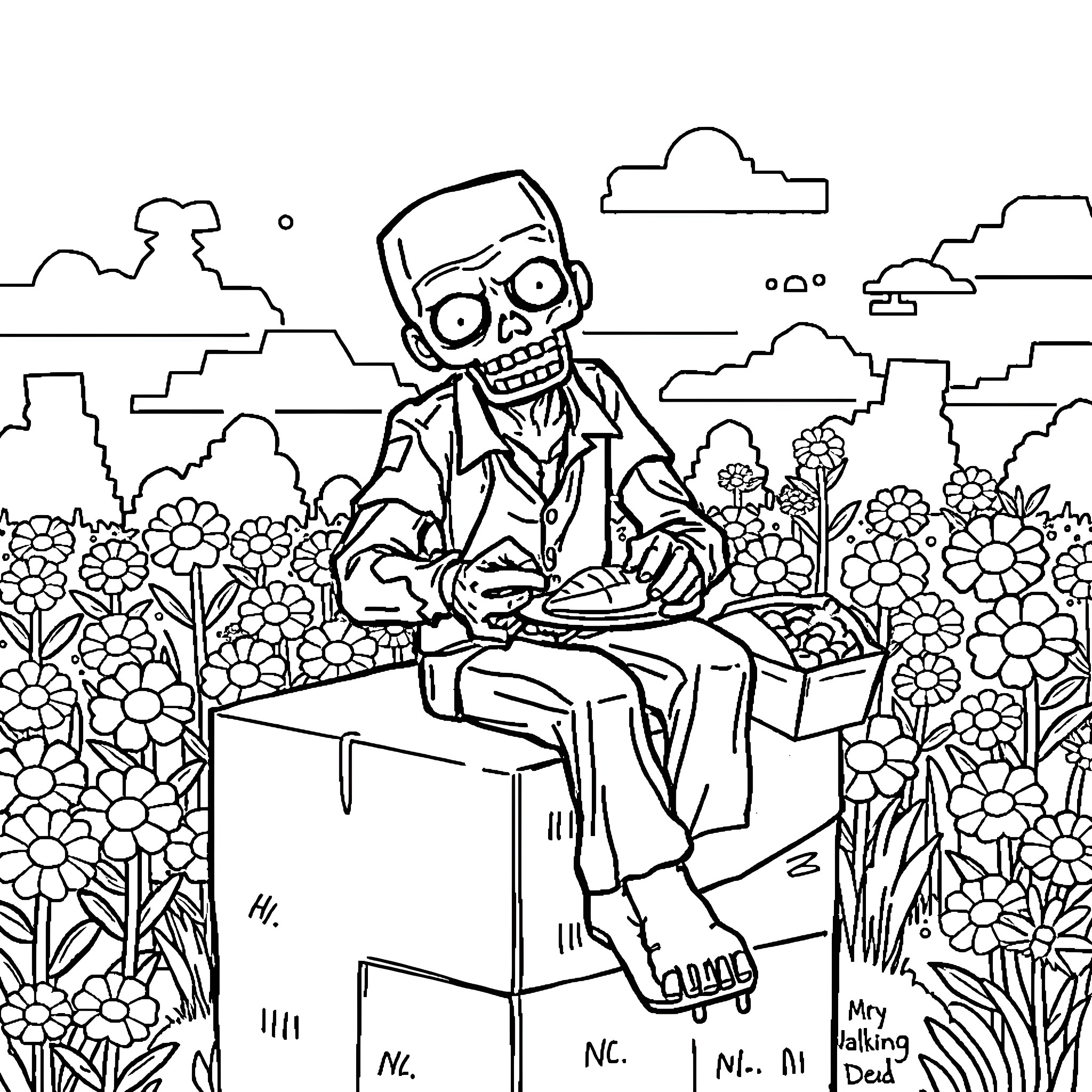 Zombie businessman working diligently in a garden Coloring Page (free black-and-white line drawing printable PDF for all, from beginners to advanced learners, including children, teens, adults, and seniors)