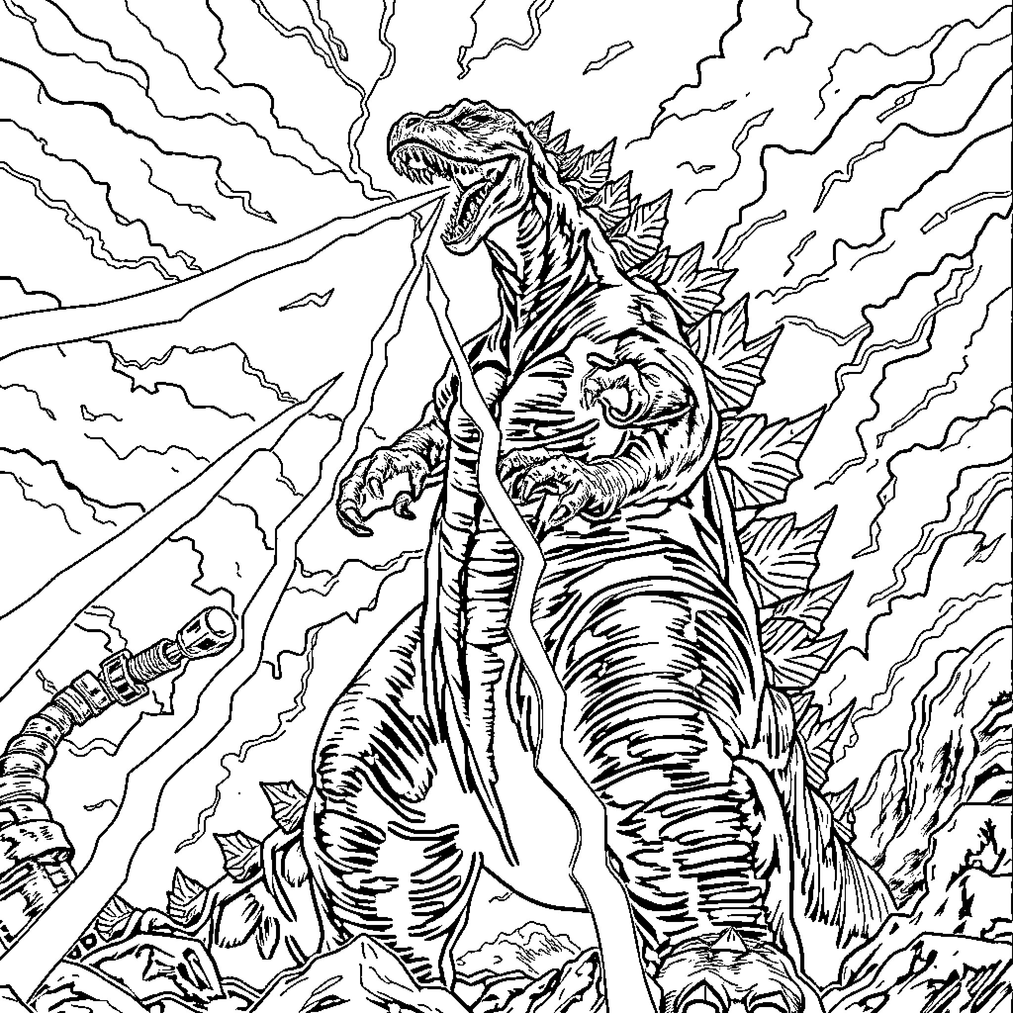 Godzilla unleashing its destructive power Coloring Page (free black-and-white line drawing printable PDF for all, from beginners to advanced learners, including children, teens, adults, and seniors)