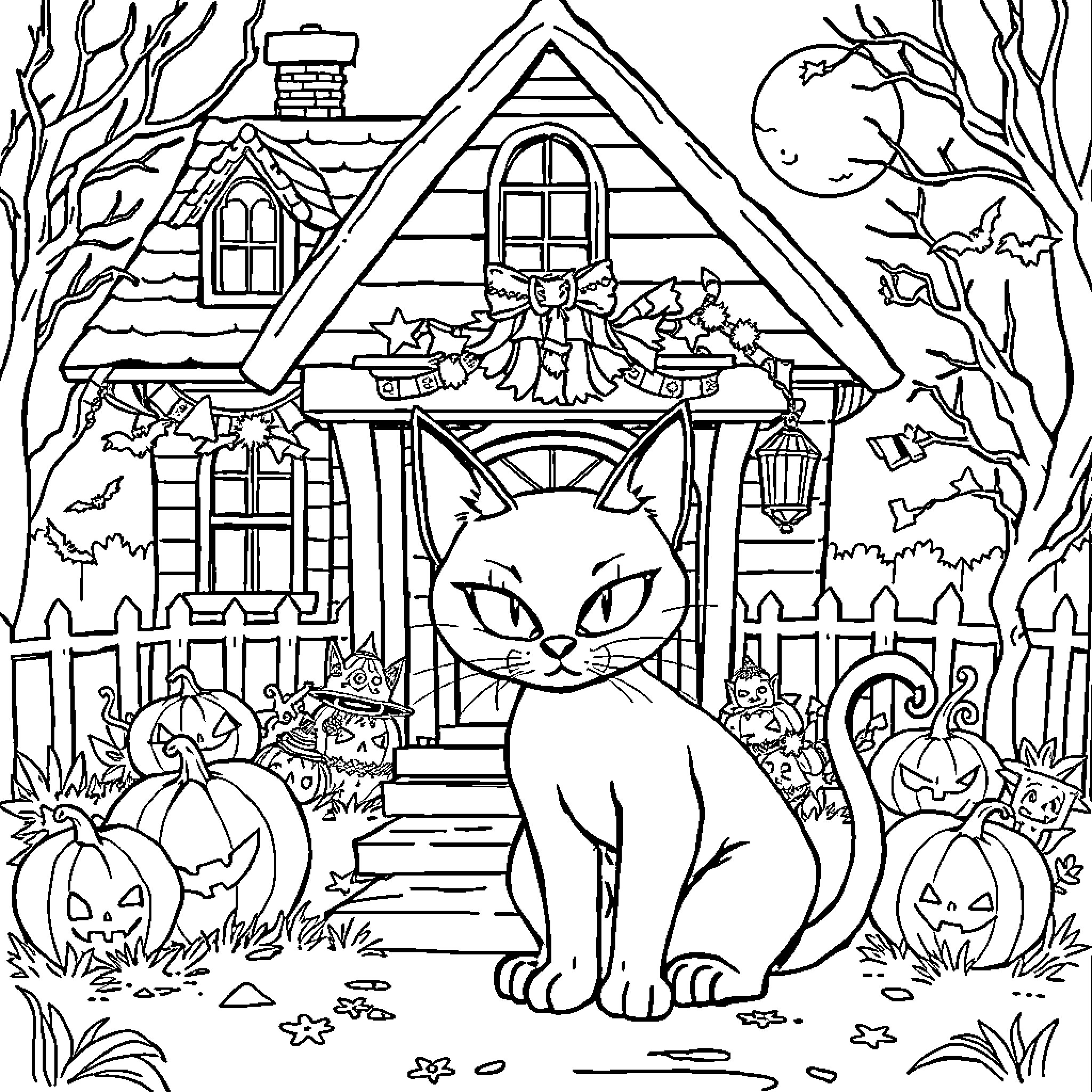 Chat with a Haunted House and Halloween Cats Coloring Page (free black-and-white line drawing printable PDF for all, from beginners to advanced learners, including children, teens, adults, and seniors)