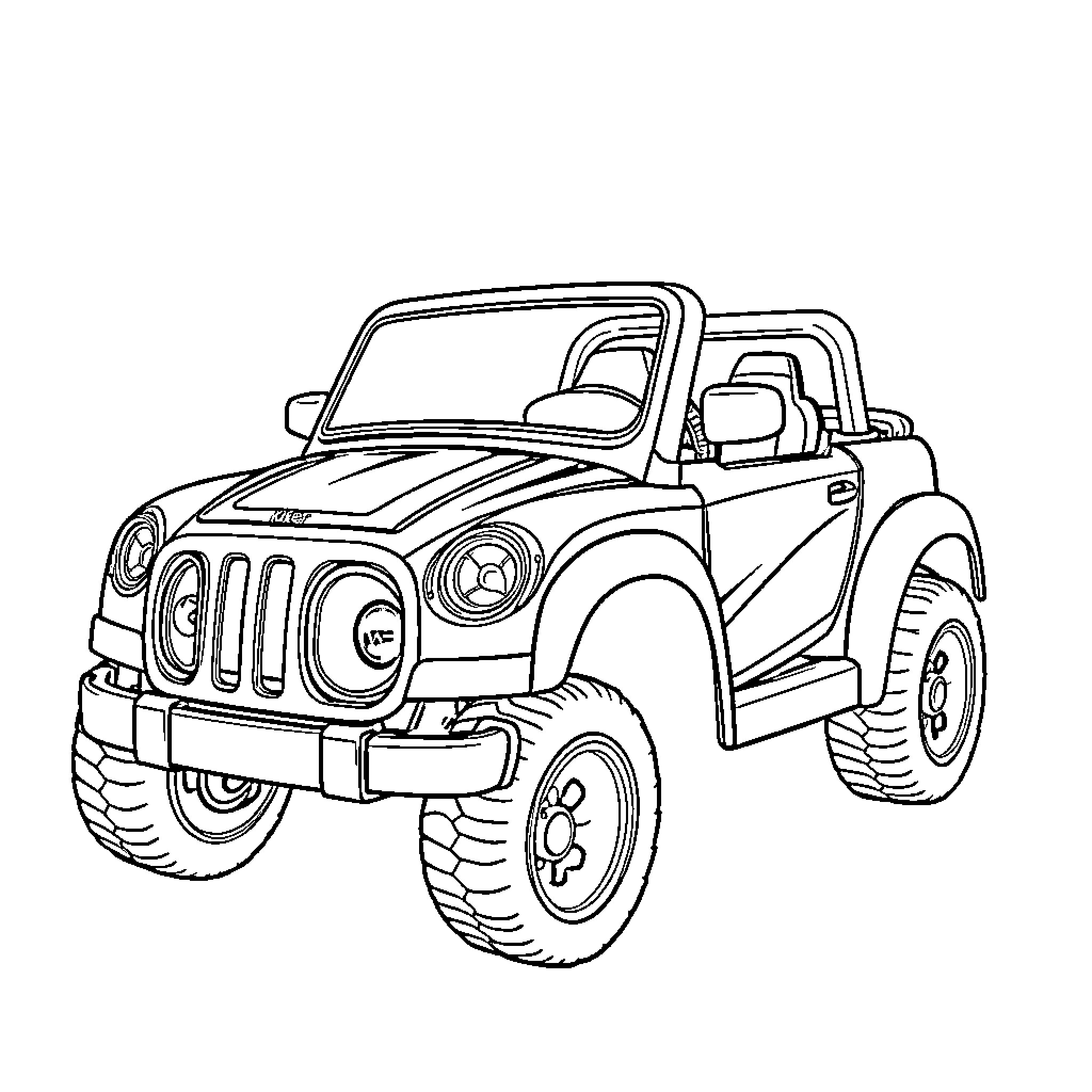 Power Wheels off-road vehicle in action Coloring Page (free black-and-white line drawing printable PDF for all, from beginners to advanced learners, including children, teens, adults, and seniors)