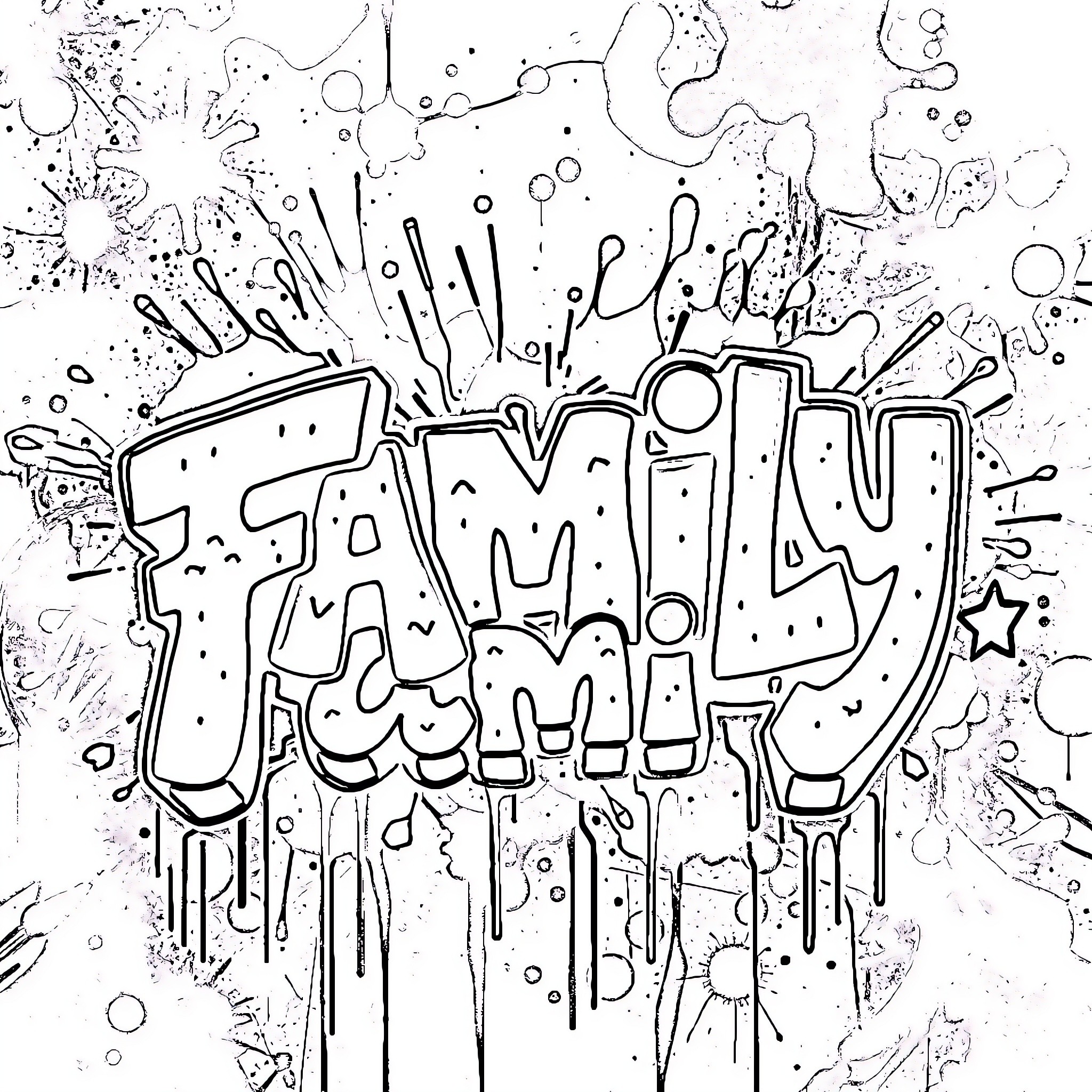 Family Fun With Abstract Splatter Artwork Coloring Page (free black-and-white line drawing printable PDF for all, from beginners to advanced learners, including children, teens, adults, and seniors)