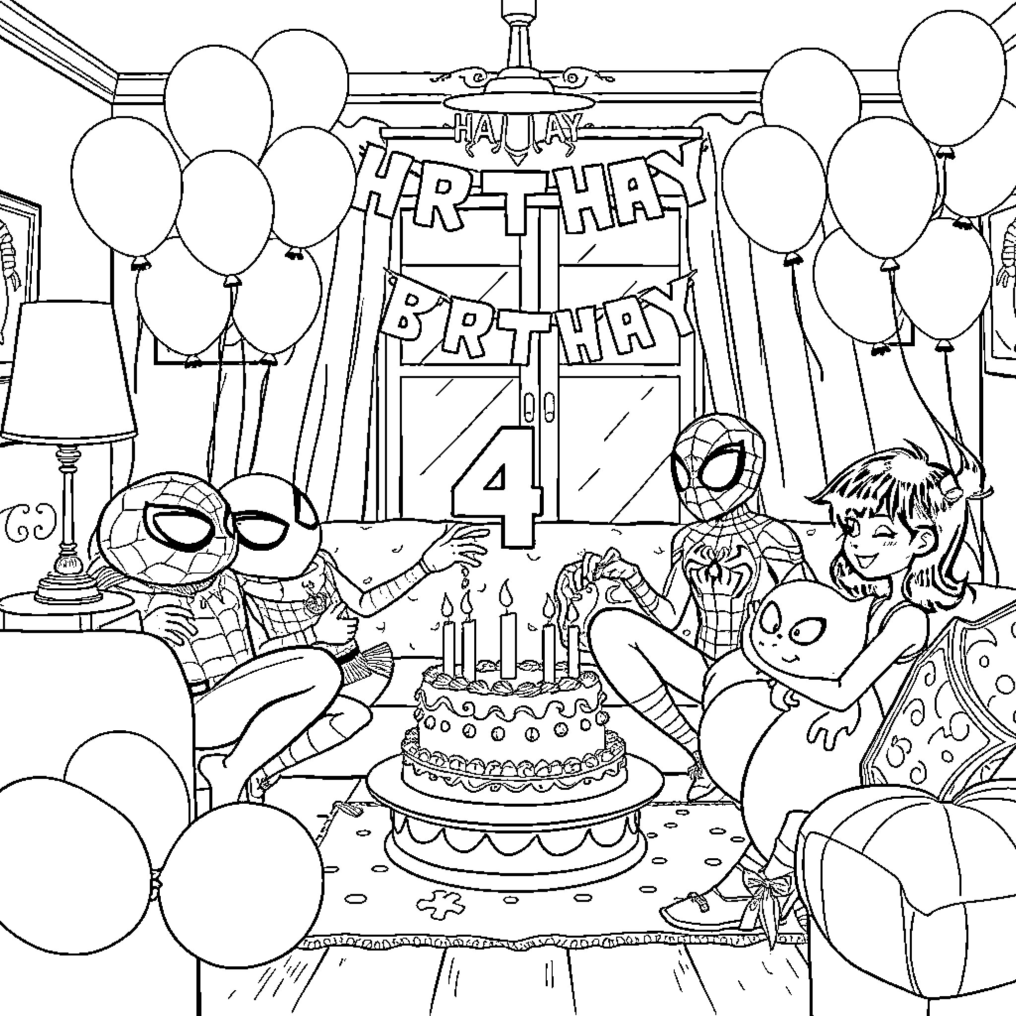 Spider-themed birthday party with friends Coloring Page (free black-and-white line drawing printable PDF for all, from beginners to advanced learners, including children, teens, adults, and seniors)