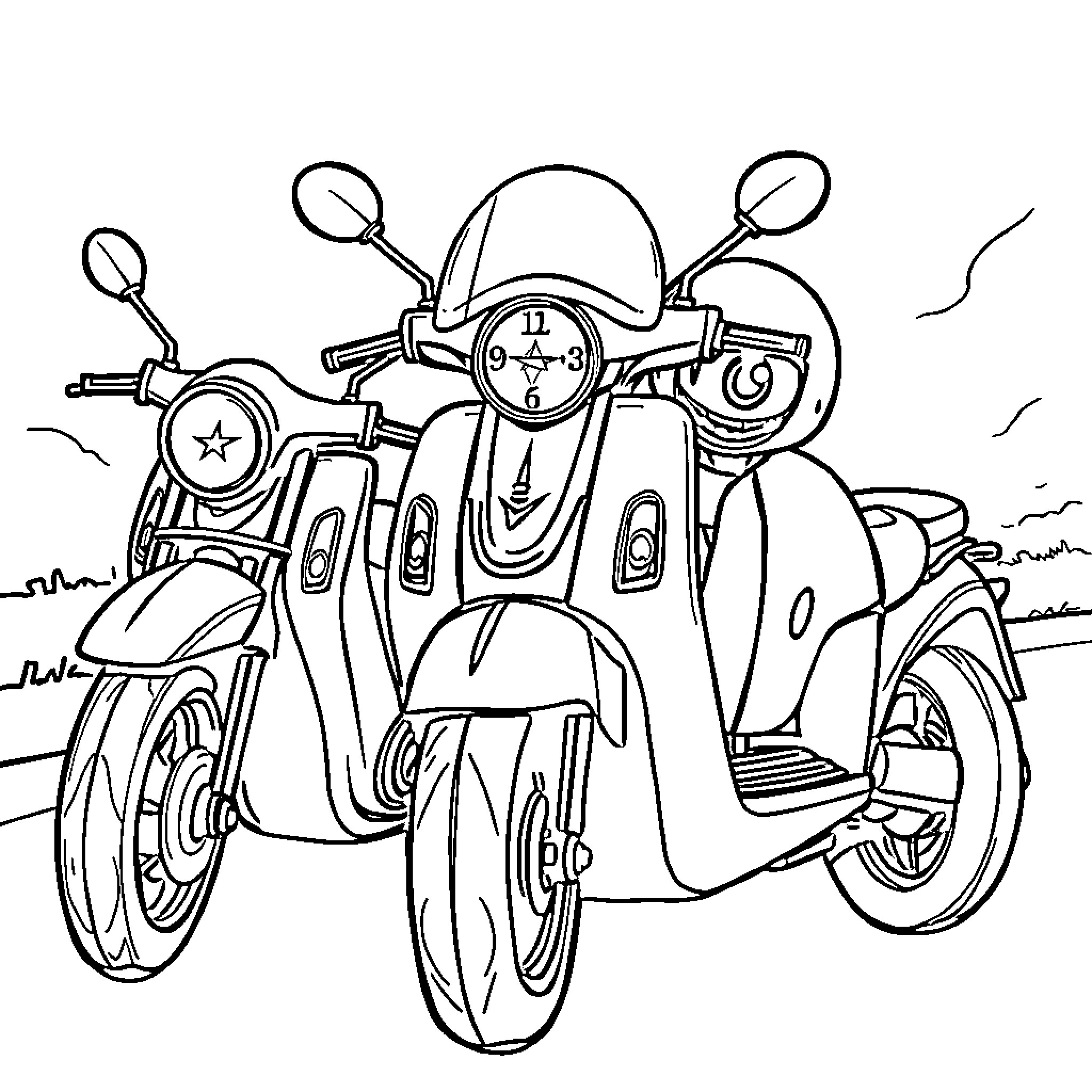 Animated Motorcycle with Driver on Open Road Coloring Page (free black-and-white line drawing printable PDF for all, from beginners to advanced learners, including children, teens, adults, and seniors)