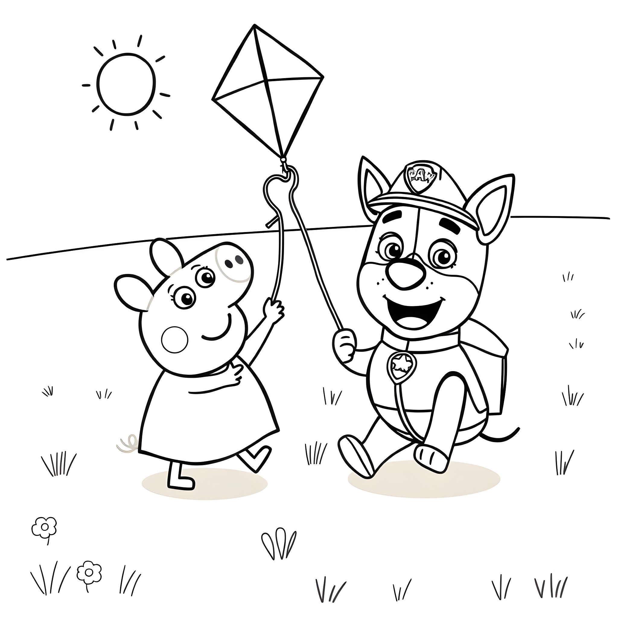 Peppa Pig and Paw Patrol dog playing with kite outdoors Coloring Page (free black-and-white line drawing printable PDF for all, from beginners to advanced learners, including children, teens, adults, and seniors)