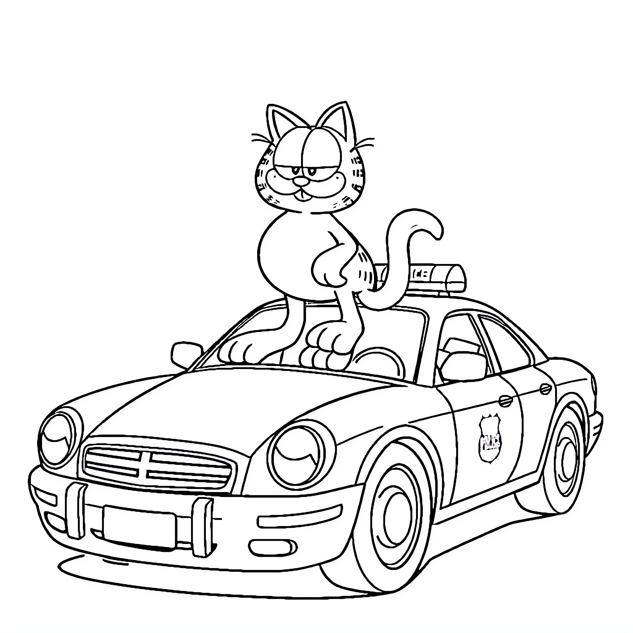 Garfield the Cat as a Police Officer Coloring Page (free black-and-white line drawing printable PDF for all, from beginners to advanced learners, including children, teens, adults, and seniors)