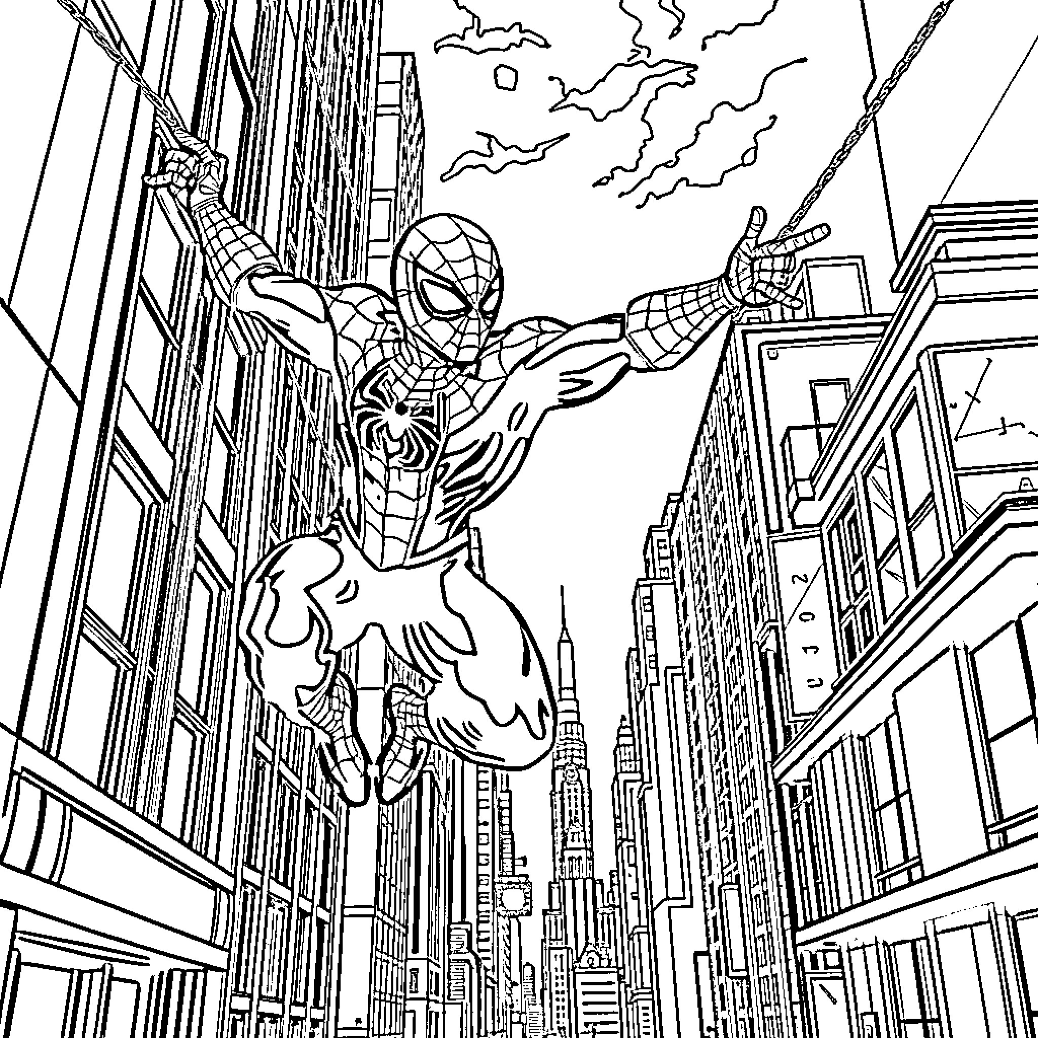 Spiderman swinging through the city skyline Coloring Page (free black-and-white line drawing printable PDF for all, from beginners to advanced learners, including children, teens, adults, and seniors)