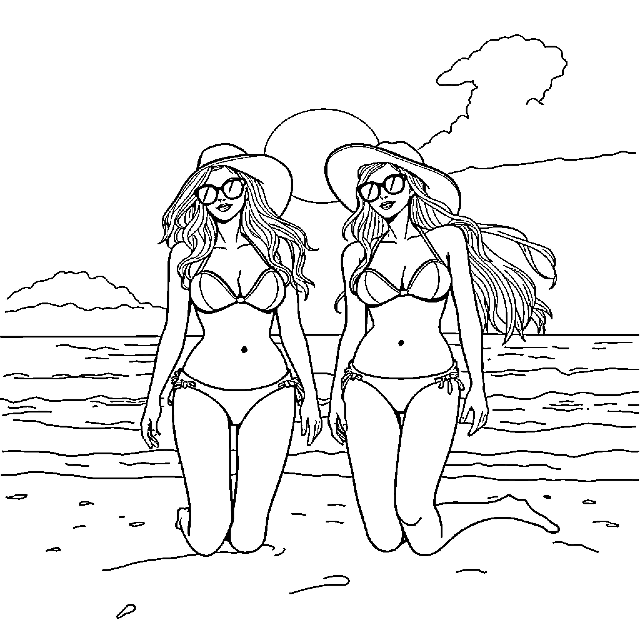 Huntrix Girls Enjoying the Sunny Beach Coloring Page (free black-and-white line drawing printable PDF for all, from beginners to advanced learners, including children, teens, adults, and seniors)