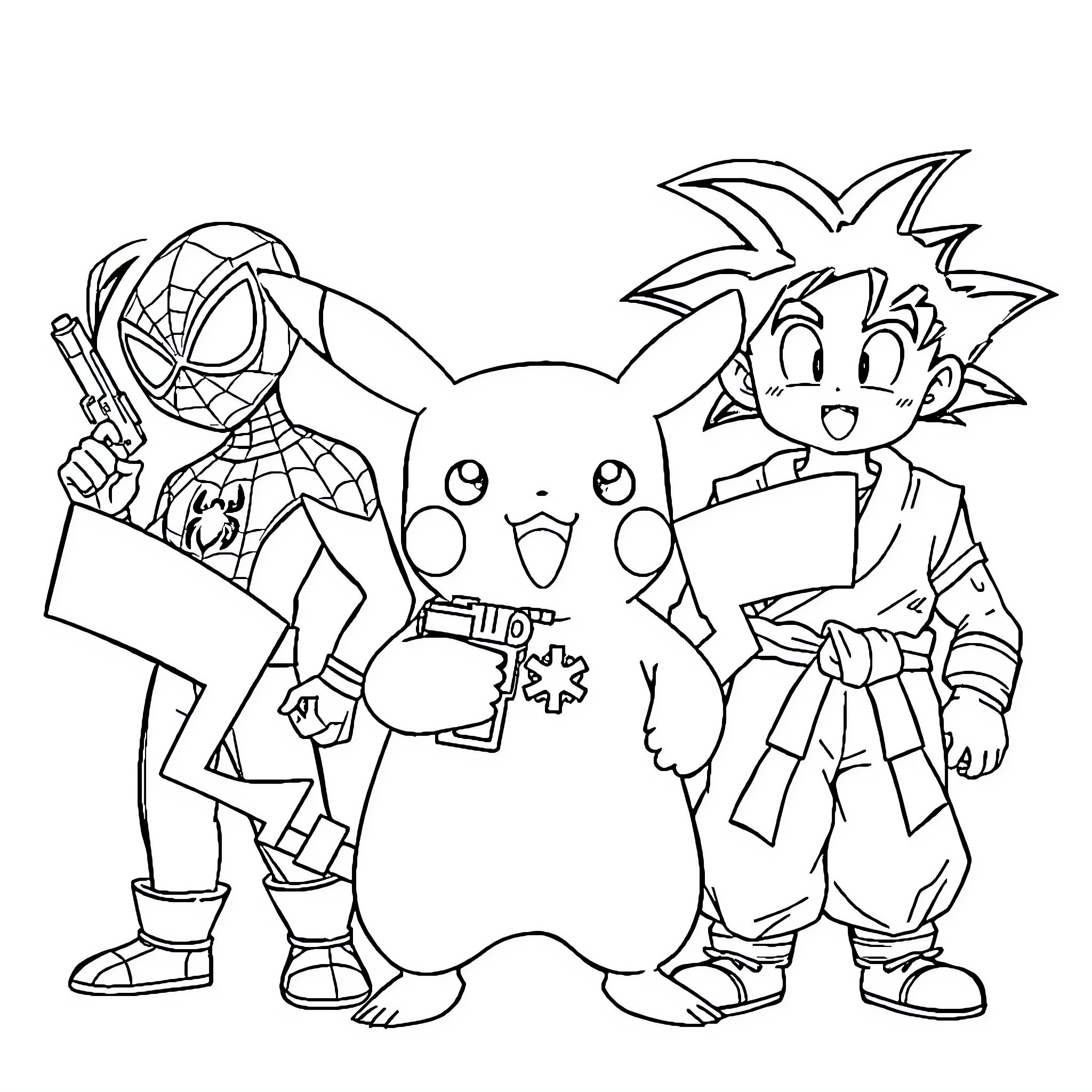 Pikachu with Spider-Man and Goku Coloring Page (free black-and-white line drawing printable PDF for all, from beginners to advanced learners, including children, teens, adults, and seniors)